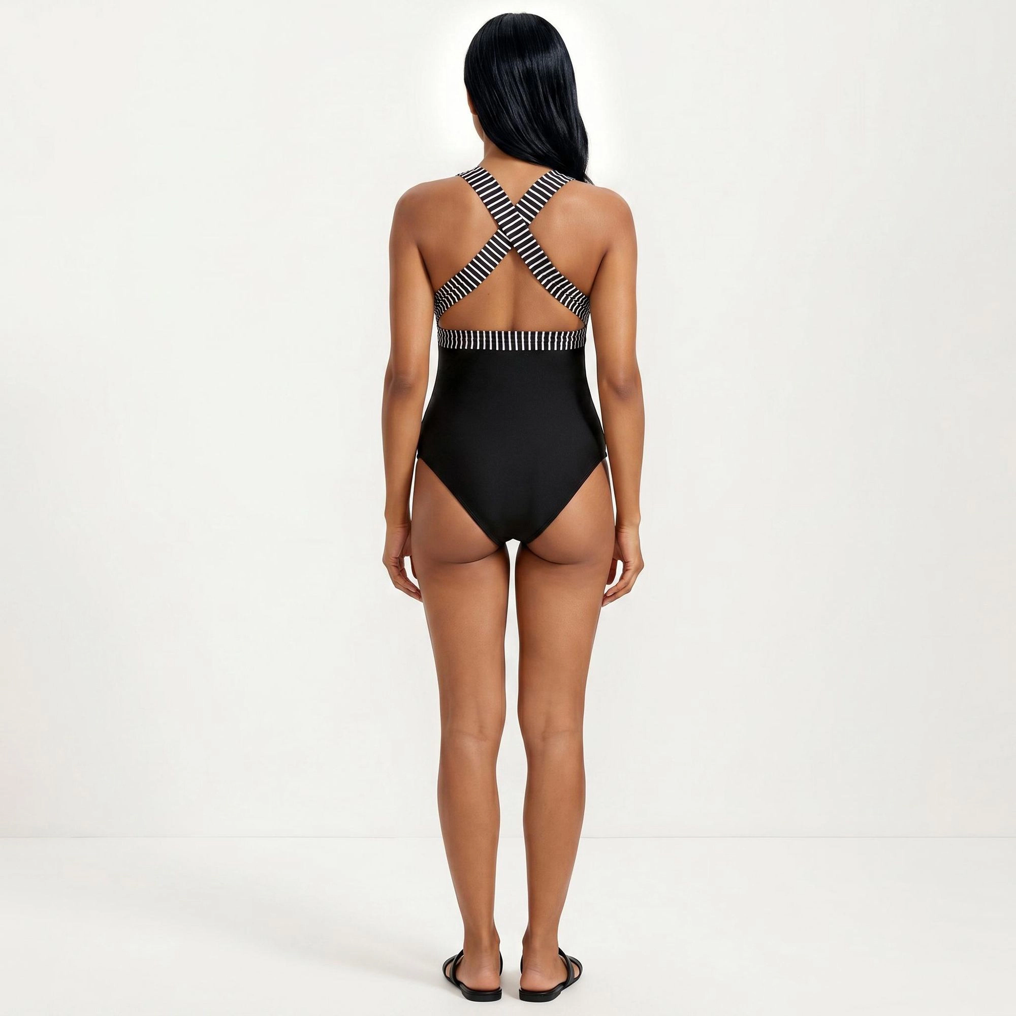 Anna-Kaci Women Maternity Striped One-Piece Swimsuit - Tie Waist, Deep V-Neckline