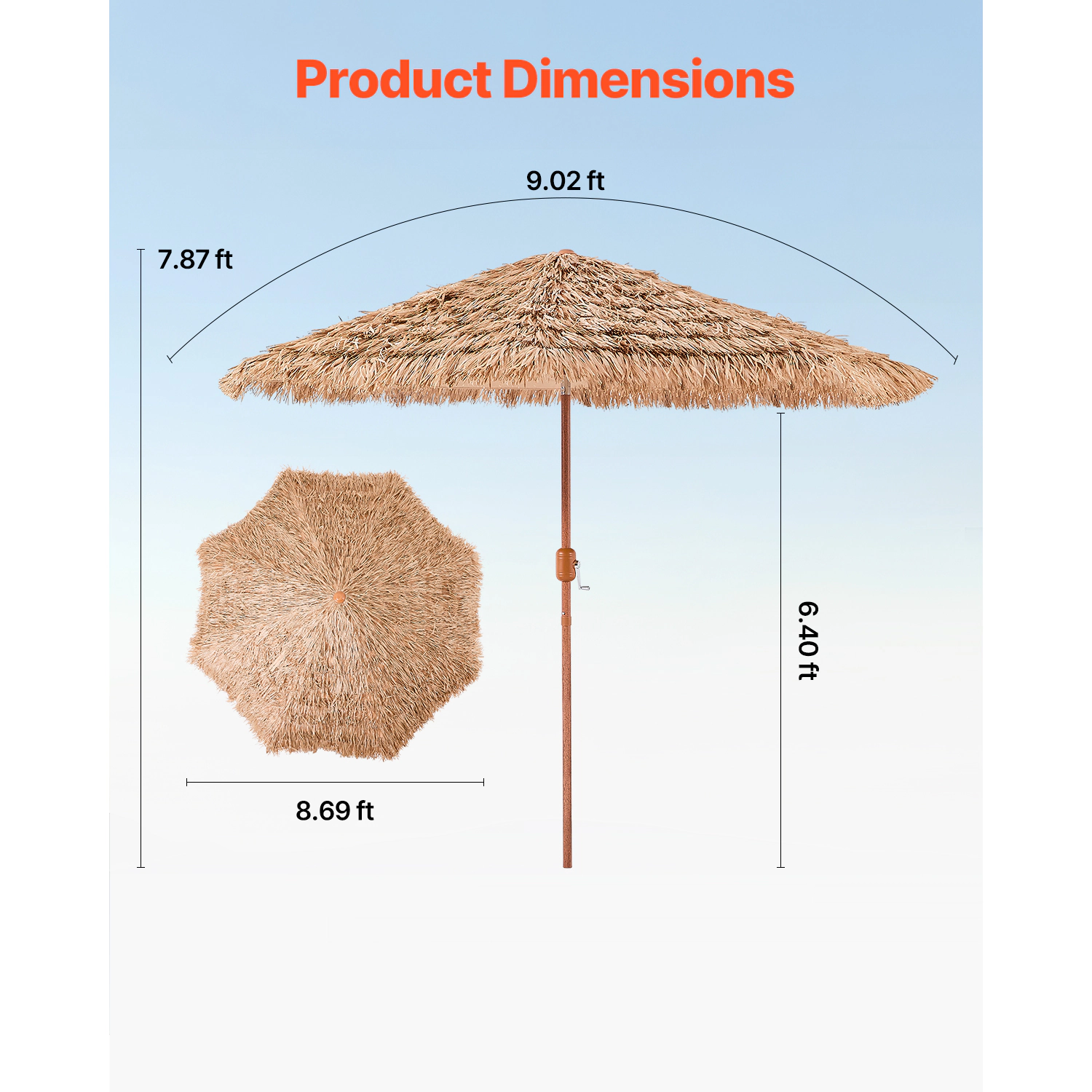 HONGGE Tiki Umbrella 9 ft Thatched Patio Umbrella with Tilt Hawaiian Style Beach Parasol, PP Thatch, 8 Metal Ribs