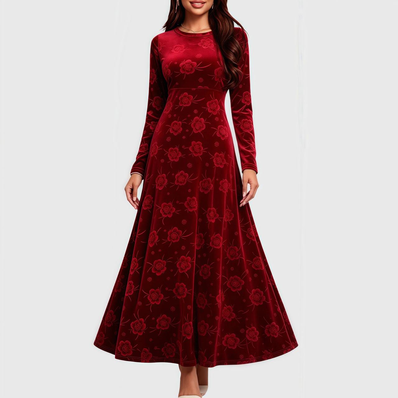 YesFashion Womens Velvet Maxi Dress Casual Fall Winter Long Sleeve Floral Cocktail Party