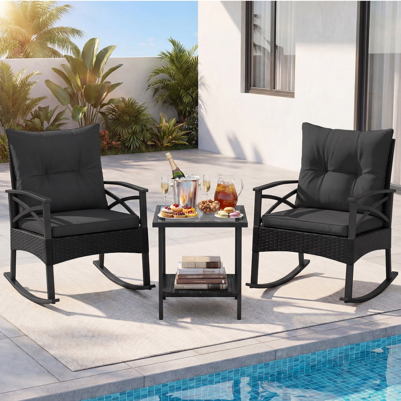 SUGIFT Cushions and 2-Tier Side Table 3-Piece Patio Rattan Rocking Chair Set