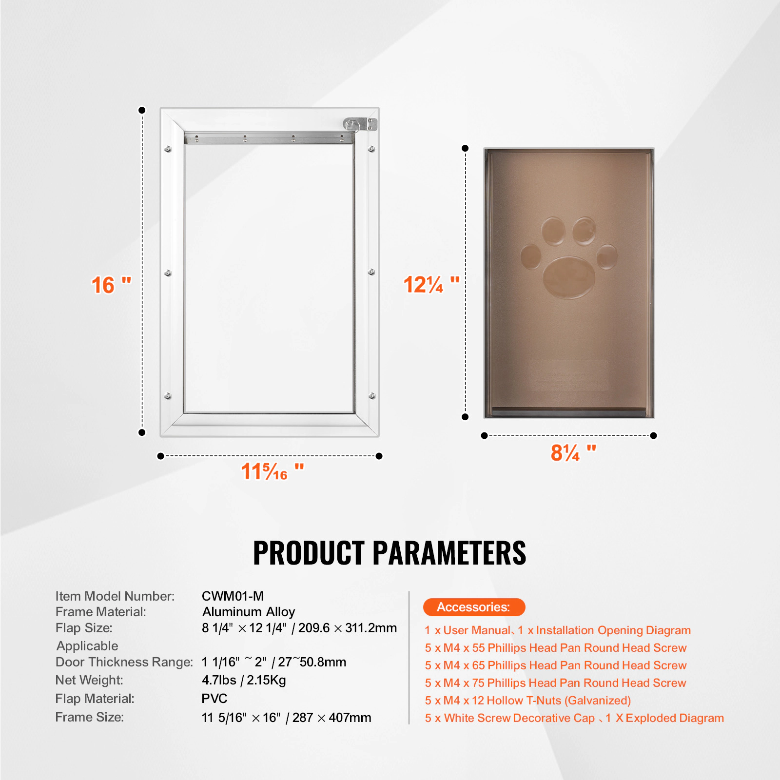 HONGGE Pet Door for Cats and Dogs, Medium, Aluminum Frame with Lock and PVC Flap, Weatherproof, Easy Install, White