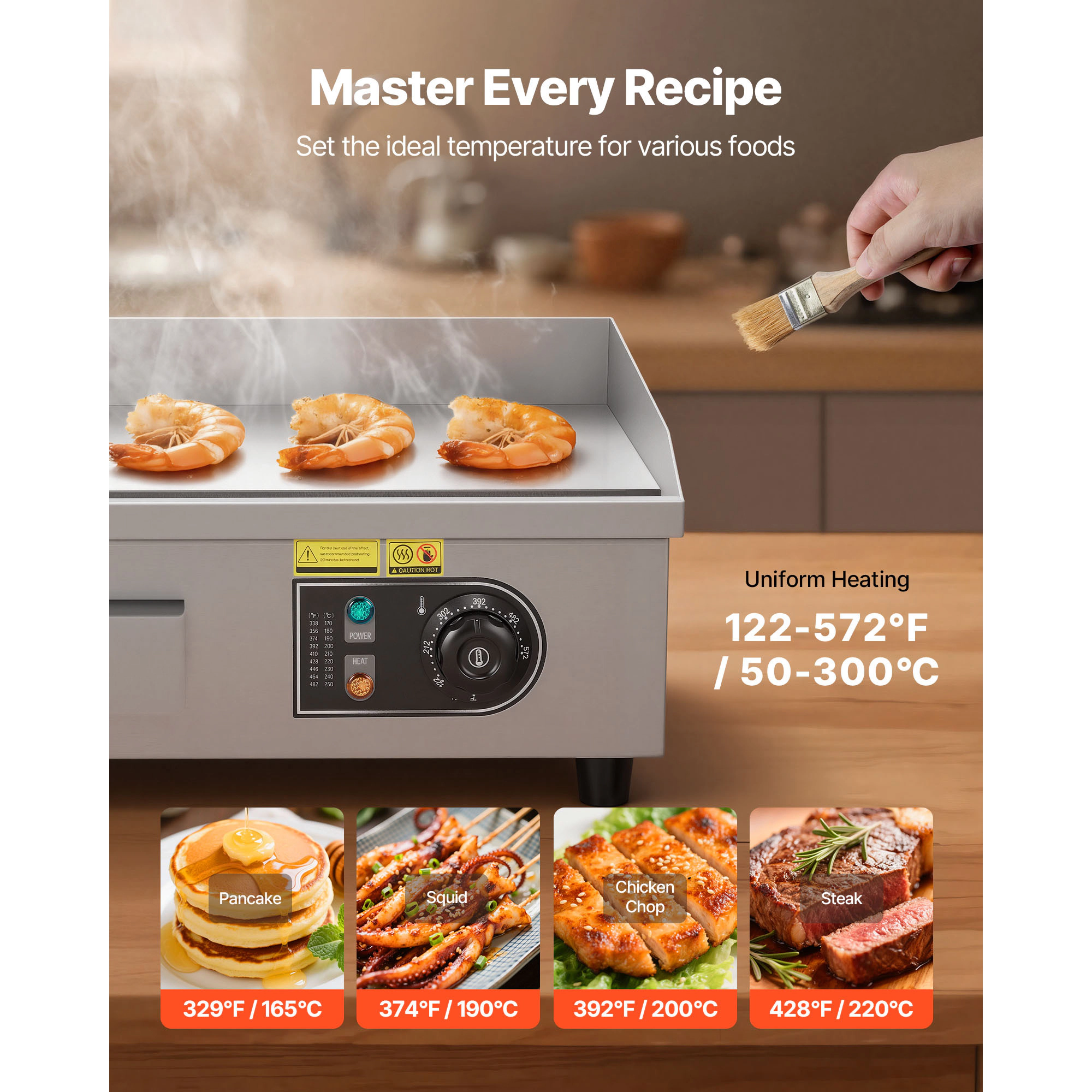 HONGGE Commercial Electric Griddle, 1750W, 122-570°F Adjustable Temp Control, with 2 Spatulas, 2 Brushes