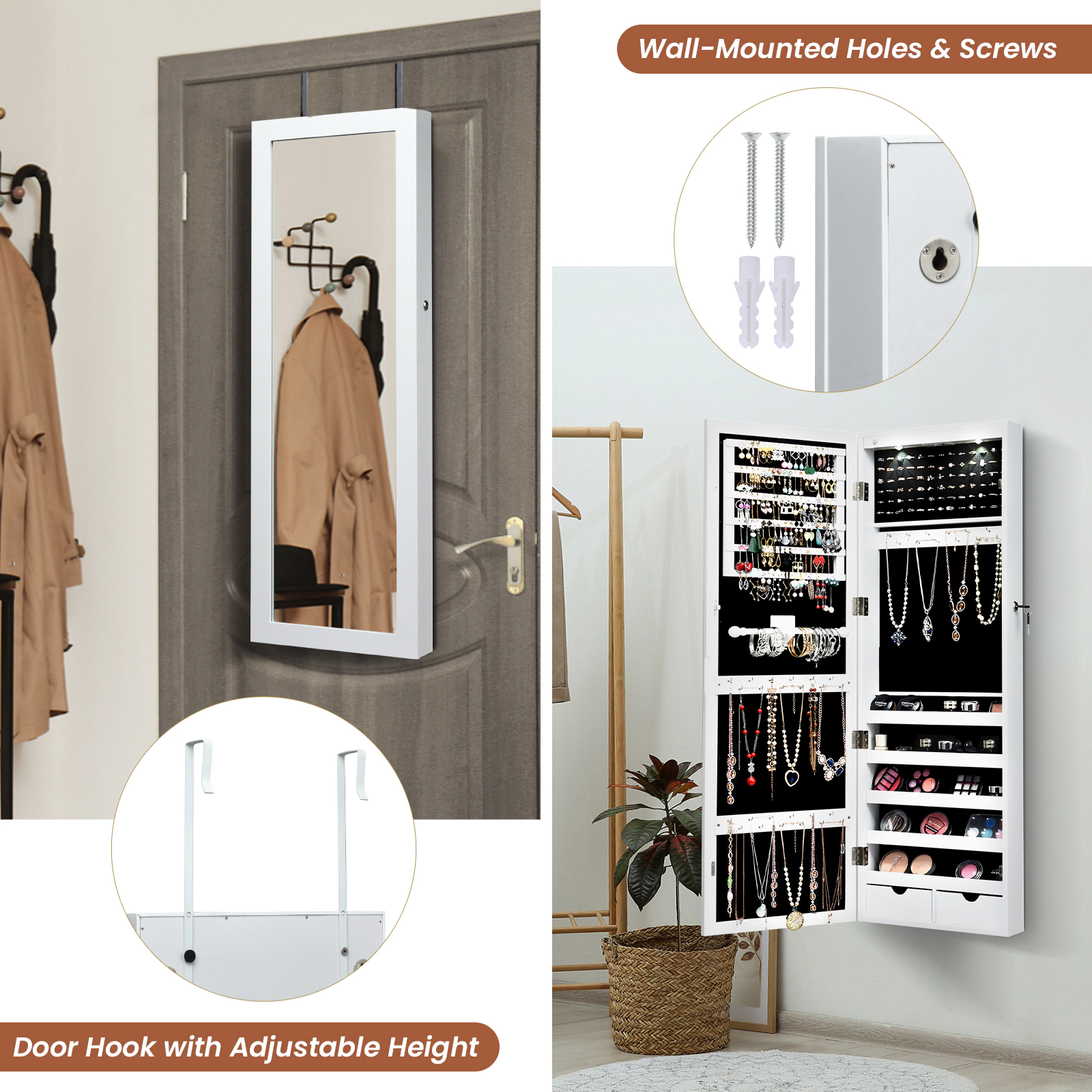 Glintex Lockable Wall-Mounted Jewelry Cabinet with Full Mirror and 8 LED Lights, White