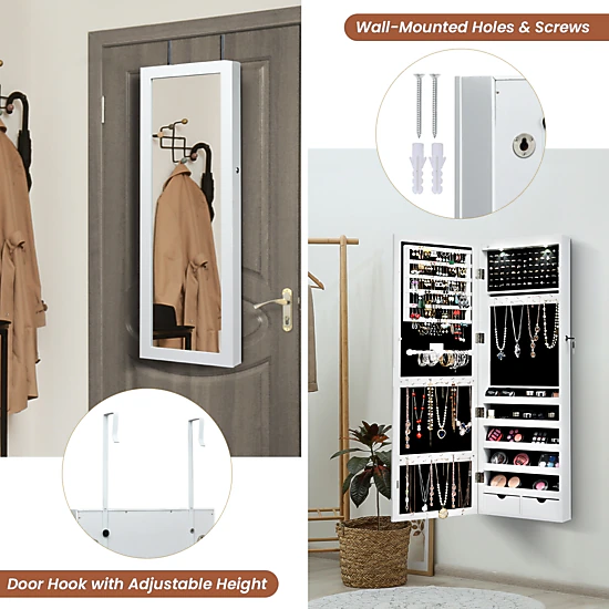 Glintex Lockable Wall-Mounted Jewelry Cabinet with Full Mirror and 8 LED Lights, White