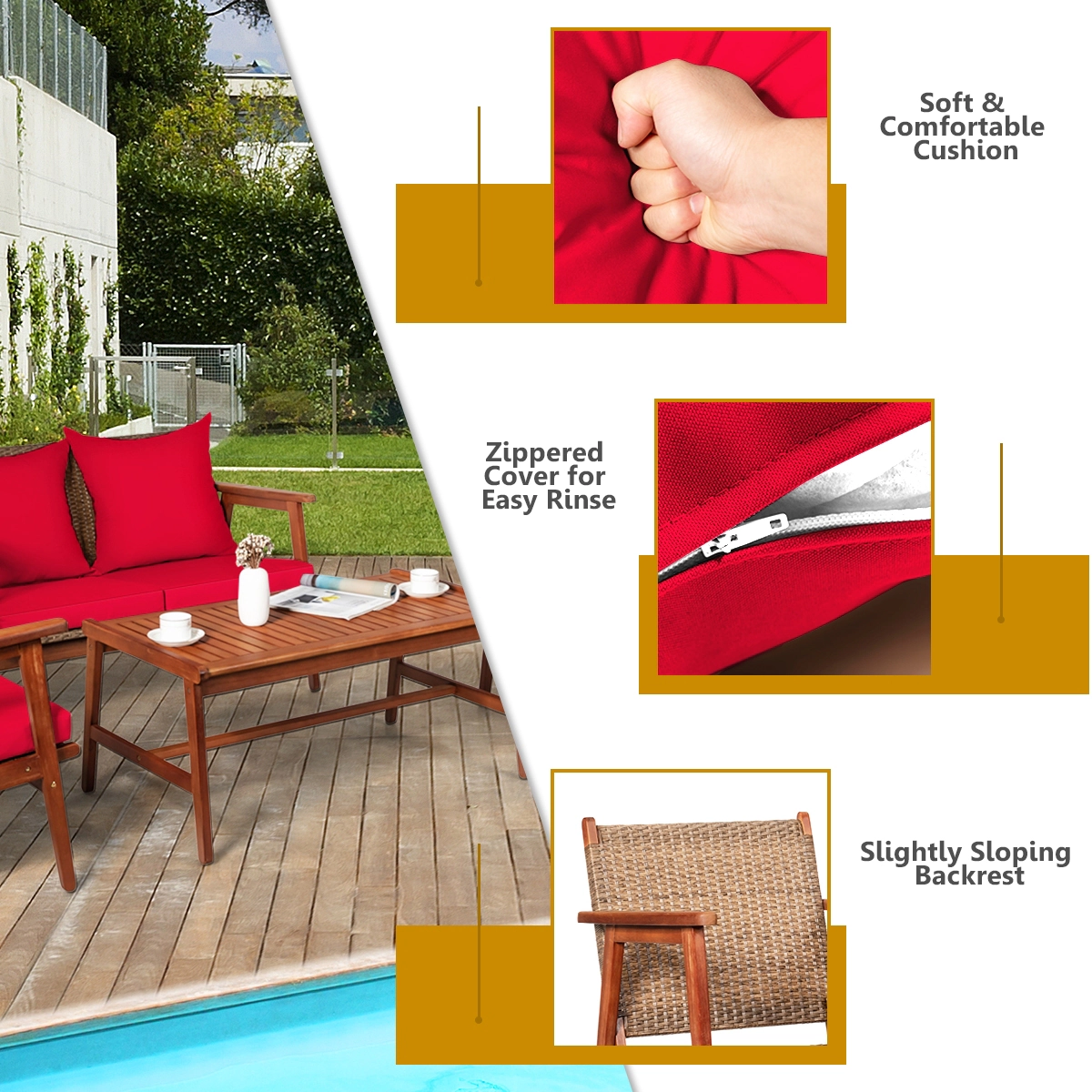 SUGIFT Red Coffee Table and Cushions 4-Piece Acacia Wood and Rattan Patio Sofa Set