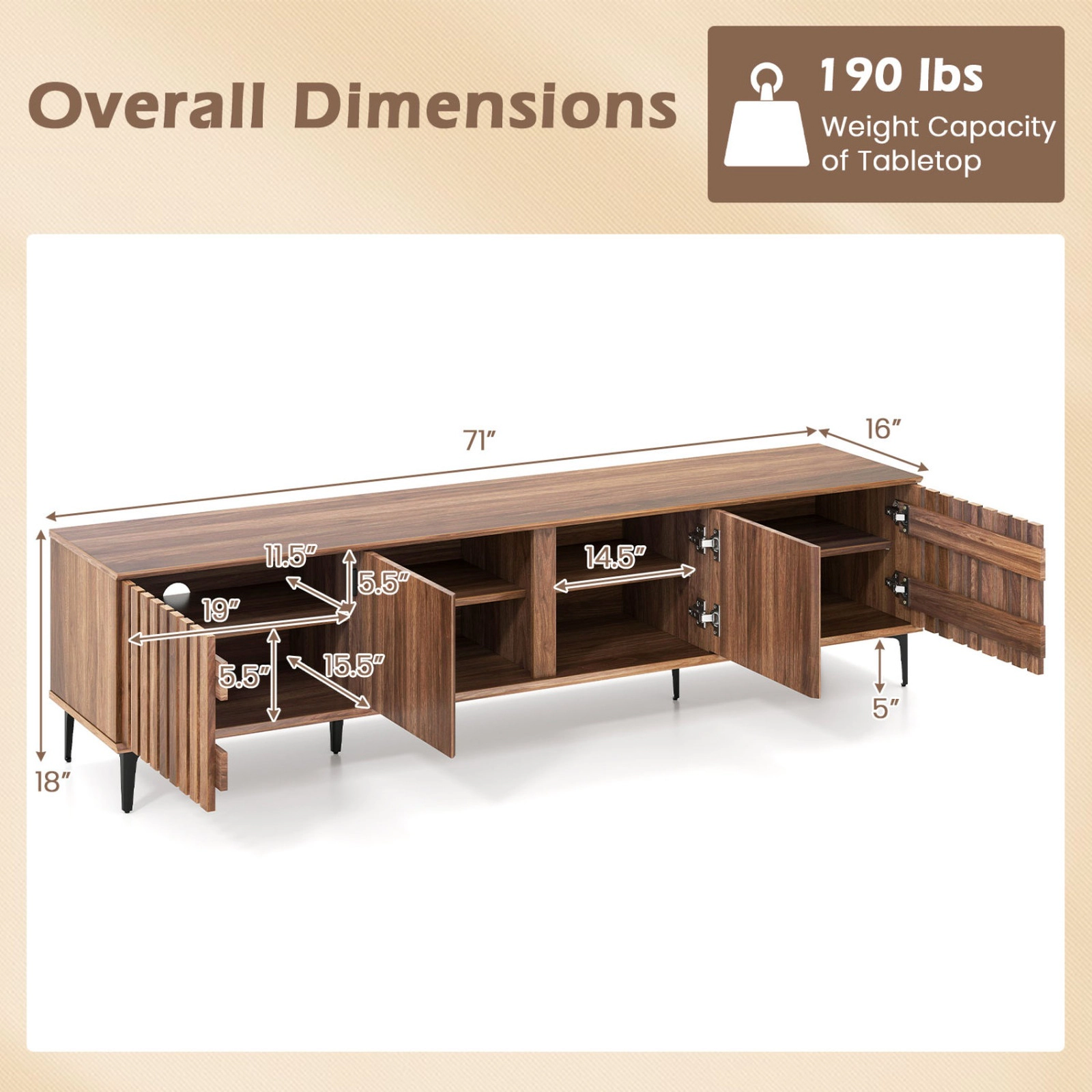SUGIFT Mid Century Modern Entertainment Center TV Stand with 4 Storage Cabinets 71-in Wide 190-lb Tabletop Walnut
