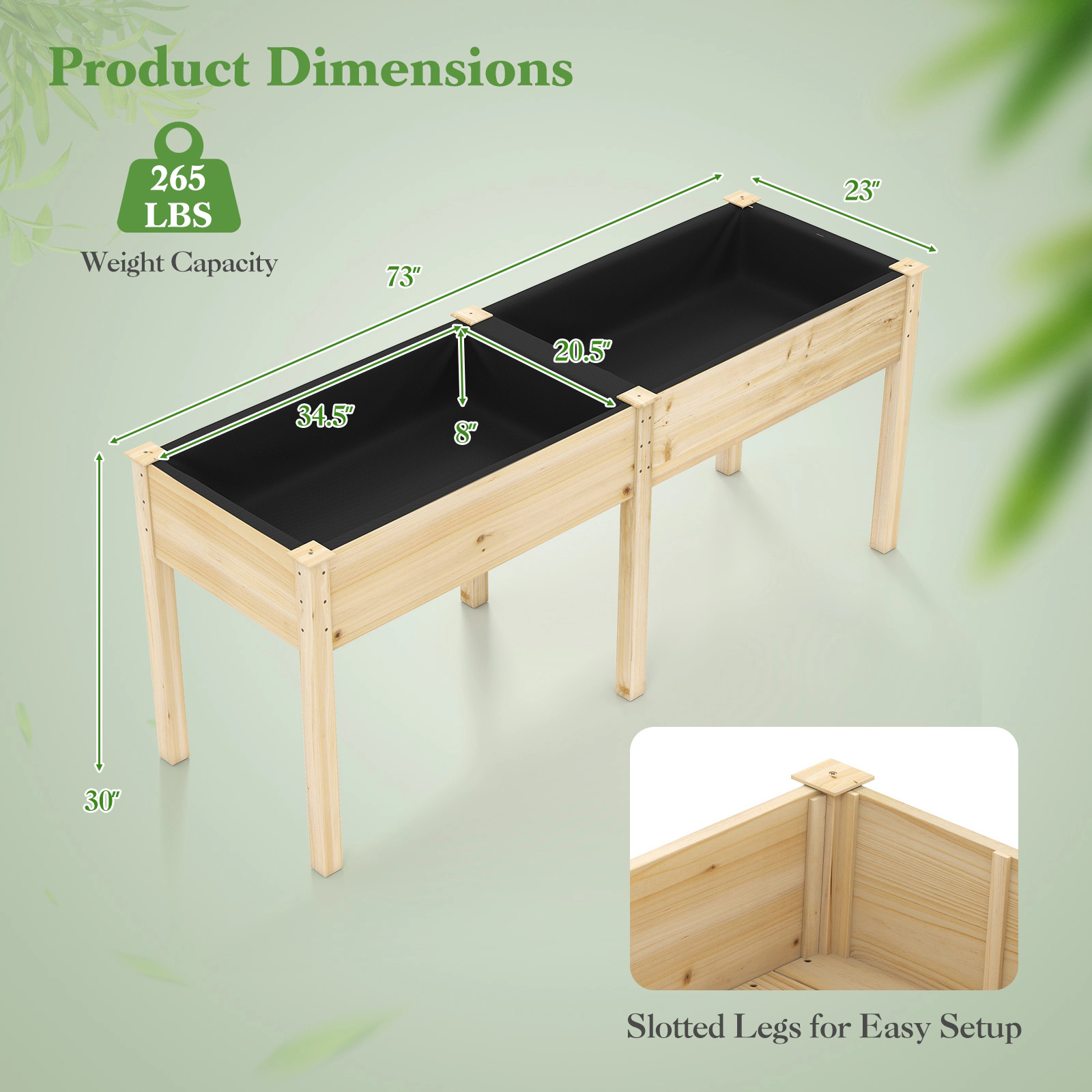 Costway Outdoor Raised Garden Bed with Legs 73x23x30in Wood Planter Box Divider Panel Brown