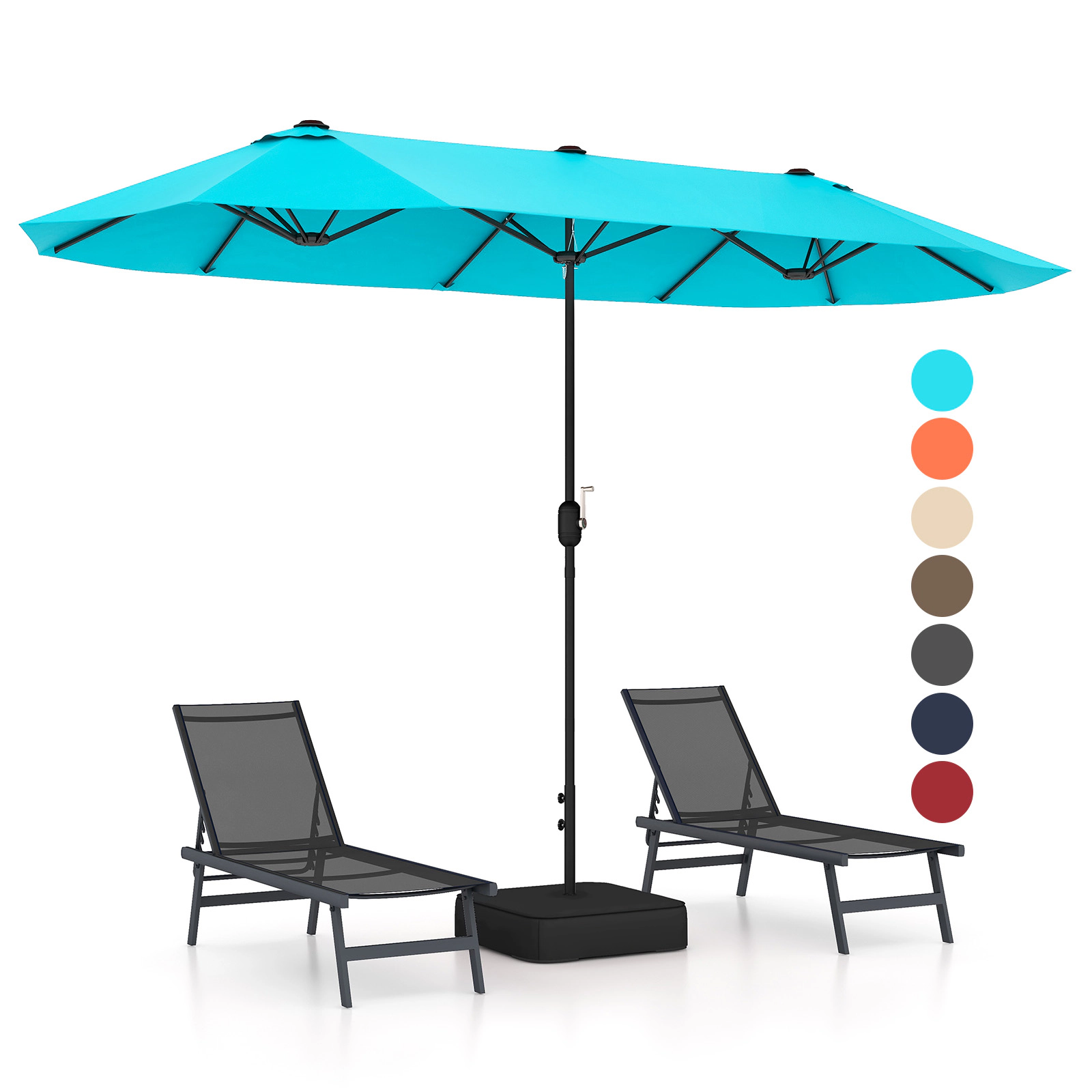 SUGIFT 13-Foot Double-Sided Patio Twin Table Umbrella with Crank Handle and Fillable Cross Base Turquoise
