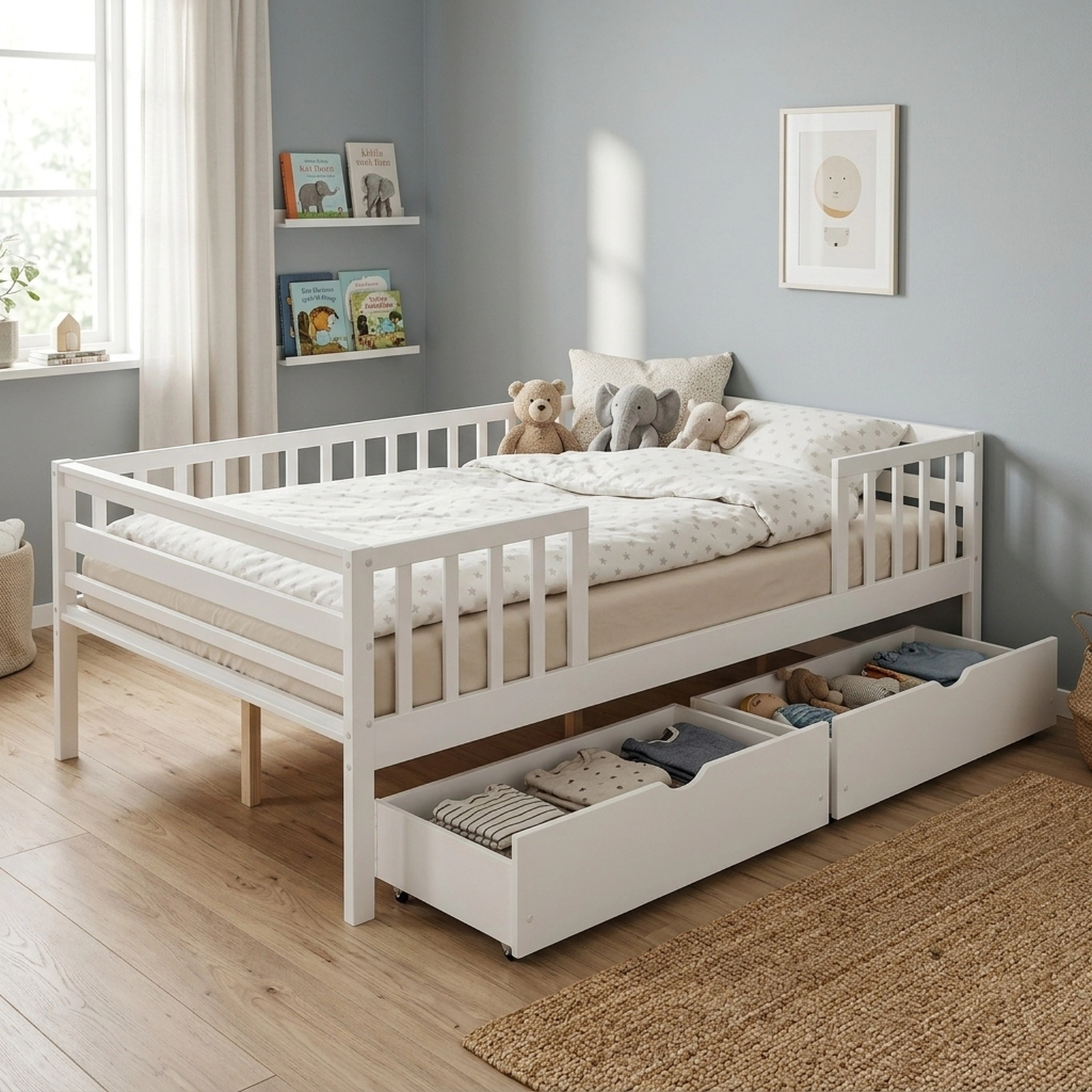 SUGIFT Full-Size Kids Daybed with Guardrail, 2 Drawers and Side Shelf, White