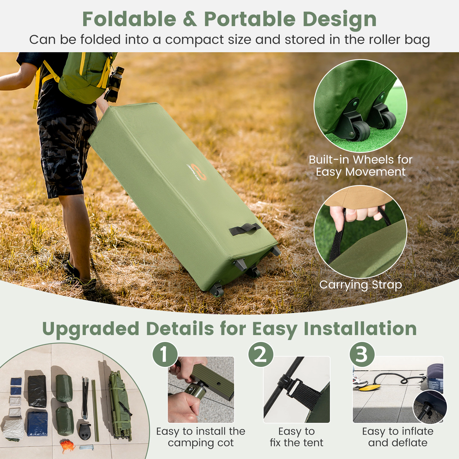 SUGIFT 500-lb Capacity 2-Person Foldable Tent Cot with Air Mattress Sleeping Bag Pillow and Wheeled Bag