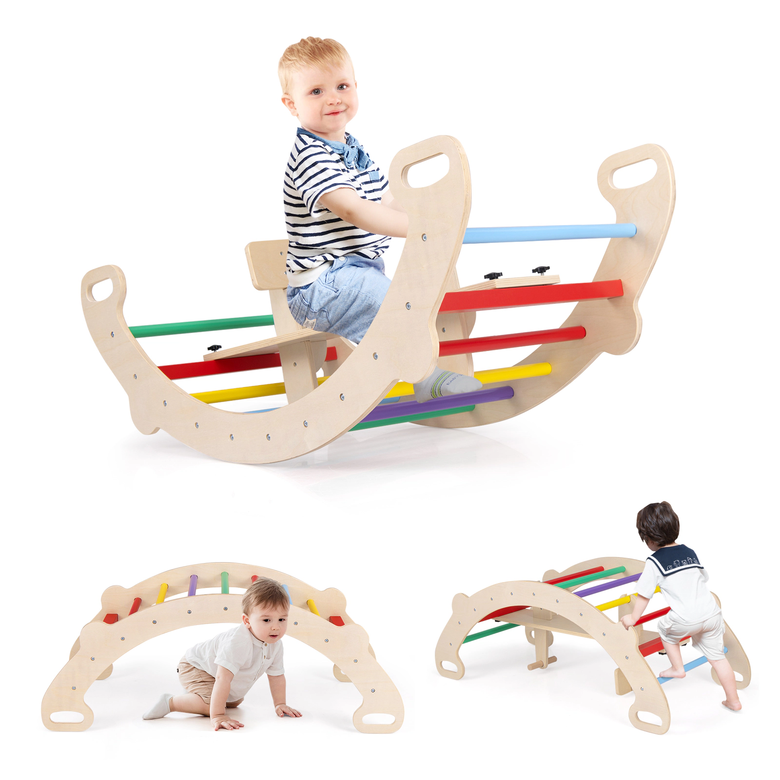 LJG Kids 4-in-1 Multifunctional Wooden Climbing Toys with Rocker and Crawling Tunnel