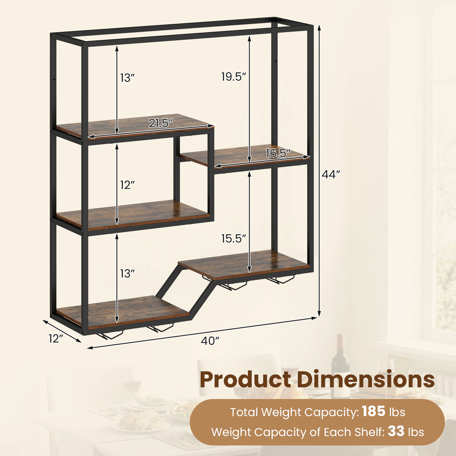 SUGIFT 6-Tier Wall Mounted Wine Rack Hanging Bar Shelf Bottle Display Shelf & Glass Holder 185-lb Total Capacity Rustic