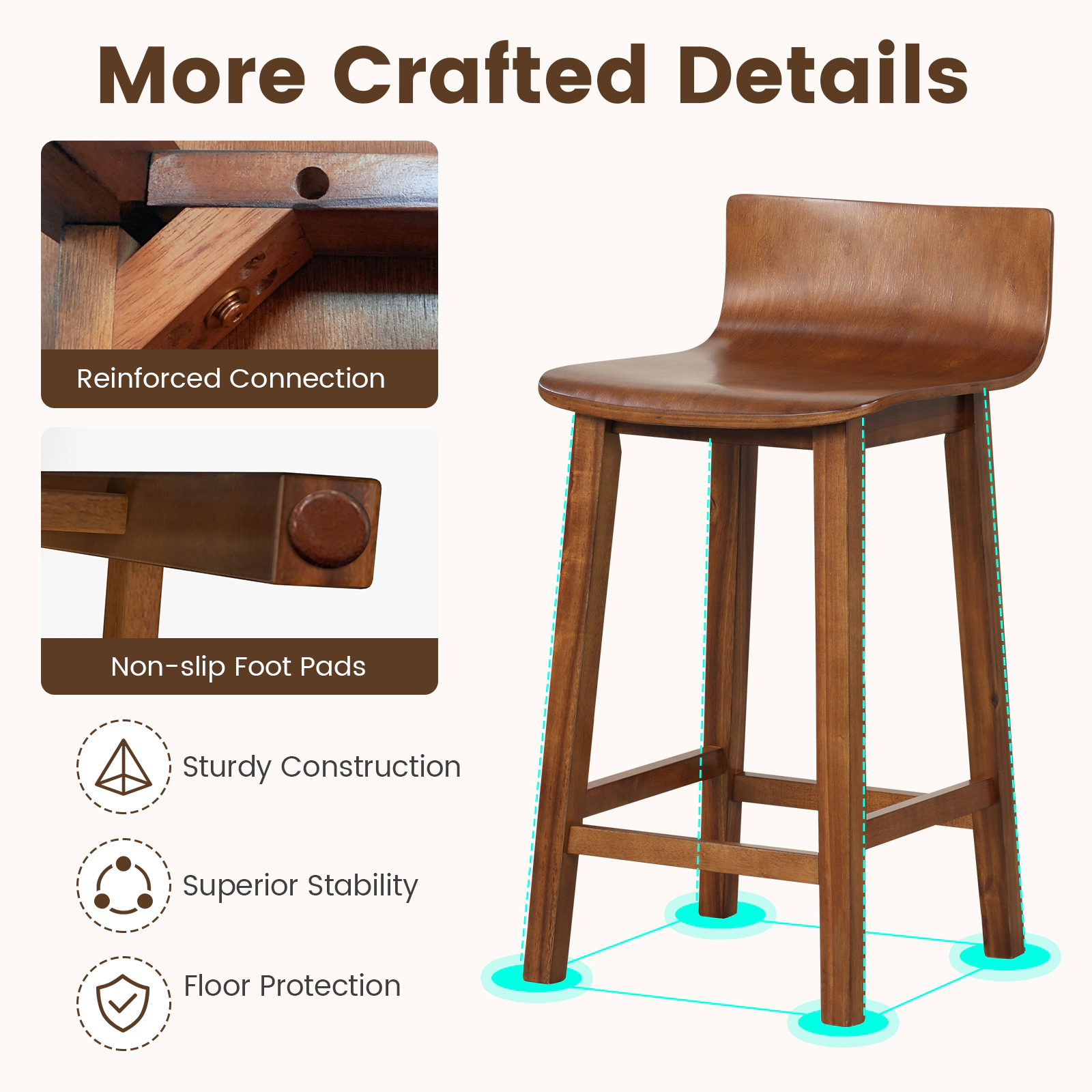 Hivvago Wood Bar Stools Set of 2 with Solid Back and Seat