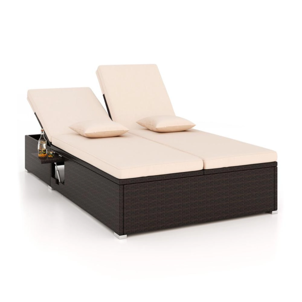 Hivvago Patio Double Chaise Lounge With Cushions And Folding Side Trays