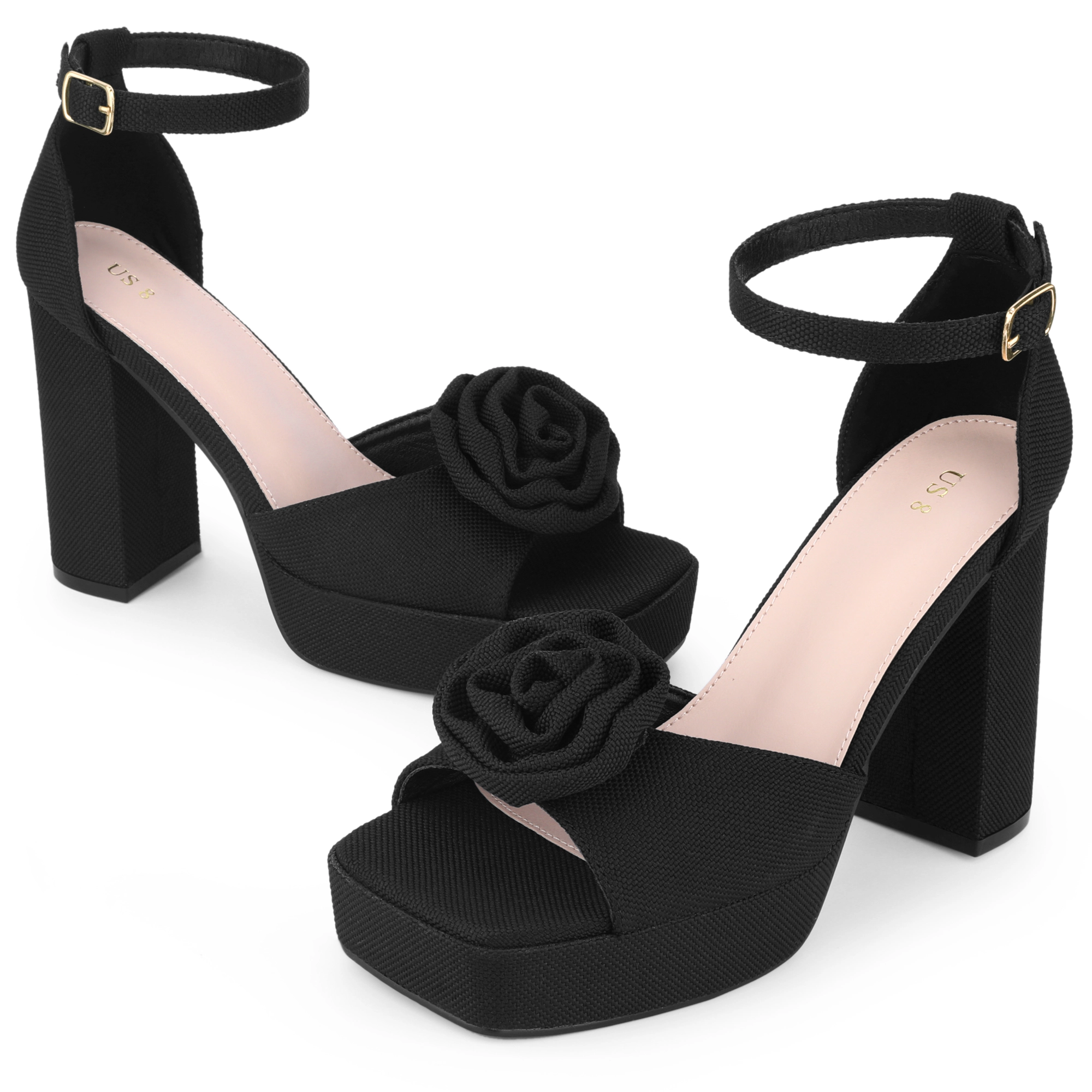BLISSFUL STEP Women's Square Toe Chunky Heel Platform Flower Sandals