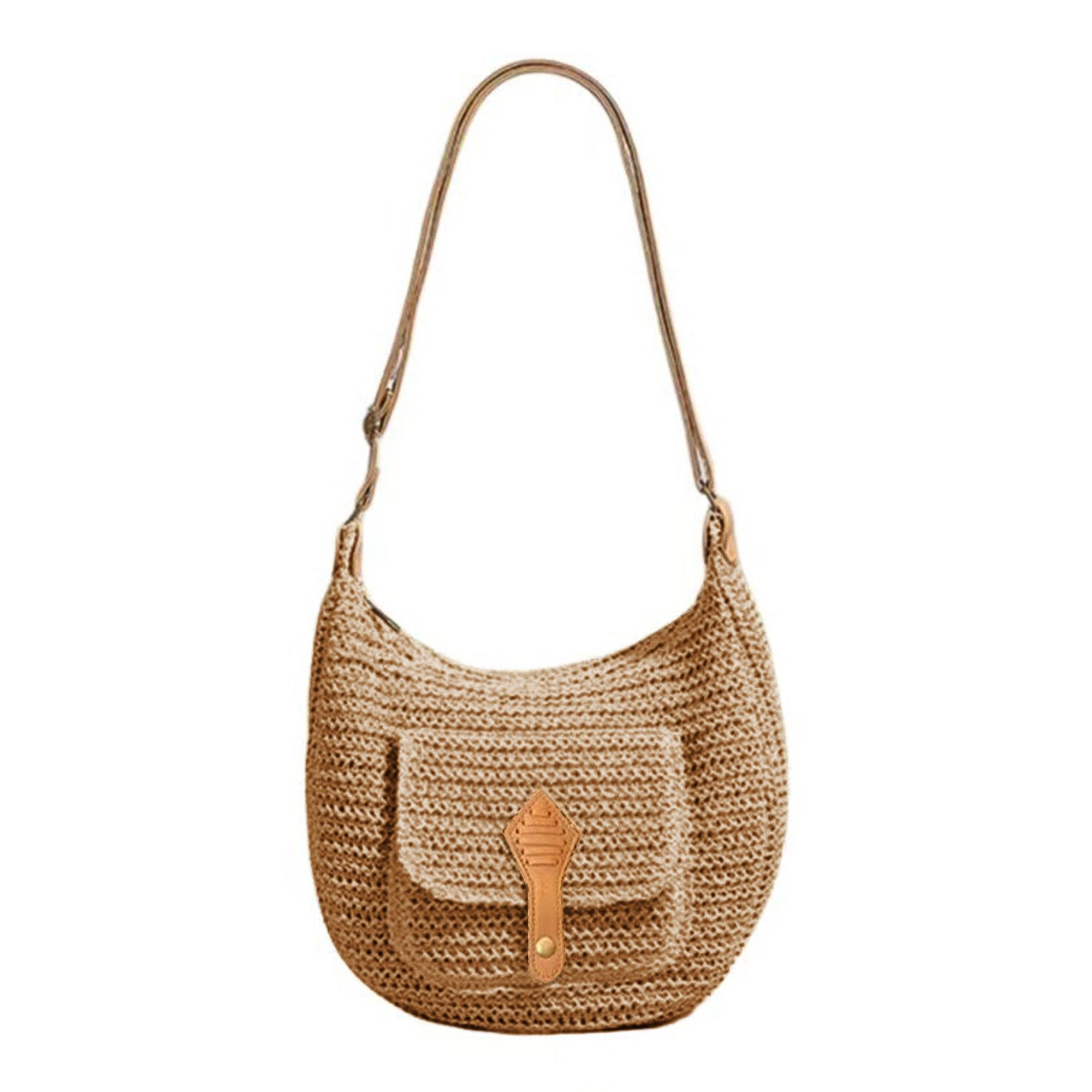 Alilang Women's Woven Crochet Hobo Bag with Flap Pocket Leather Strap Slouchy Shoulder Handbag Lightweight Knit Tote