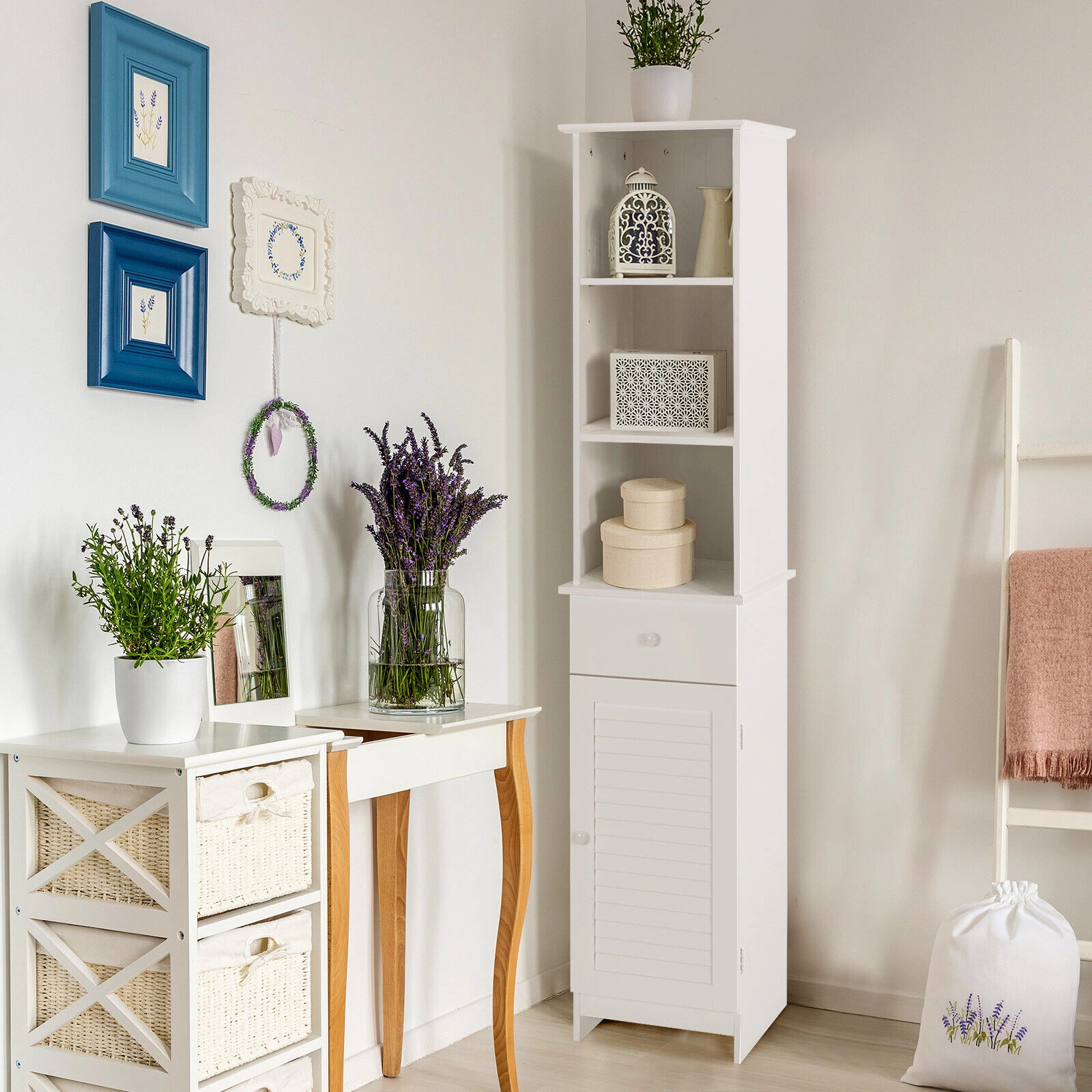 Slickblue Tall Bathroom Storage Cabinet White MDF Entryway Laundry Bathroom Drawer Shelves