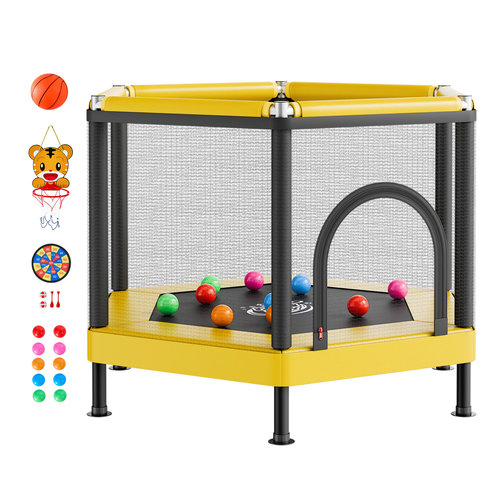 HONGGE Hexagonal Kids Trampoline with Safety Net & Basketball Hoop, ASTM Certified Toddler Trampoline, 132 lbs Capacity