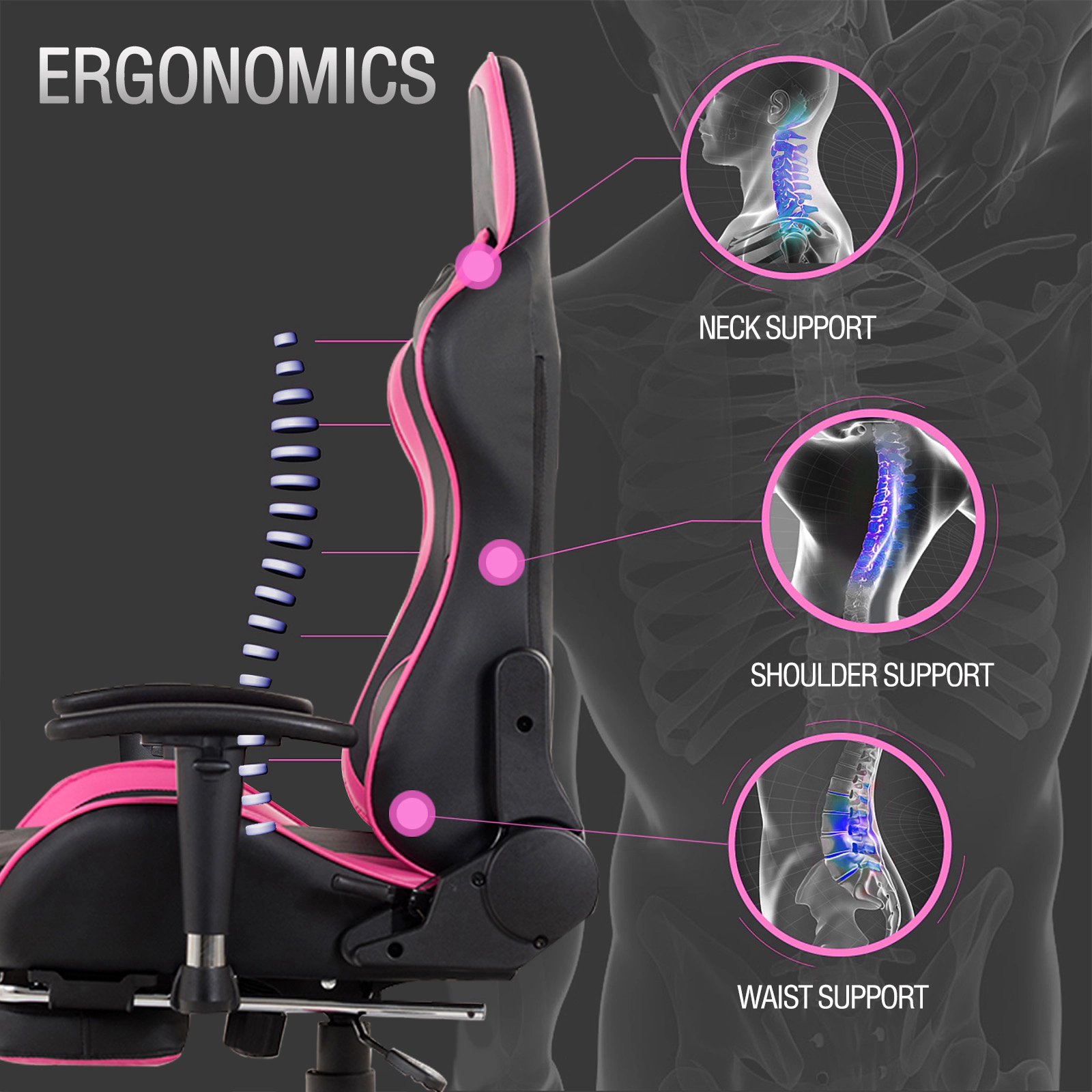 SUGIFT Pink Retractable Footrest and Rotatable Armrests Massage Gaming Chair