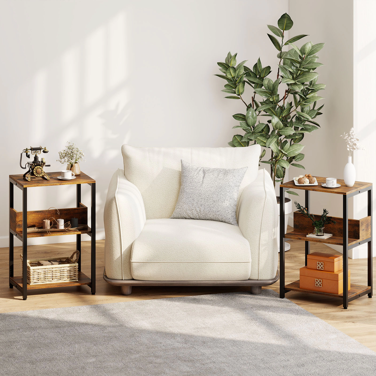 Slickblue Rustic Brown End Table with Hidden Charging Station & 3 Storage Shelves