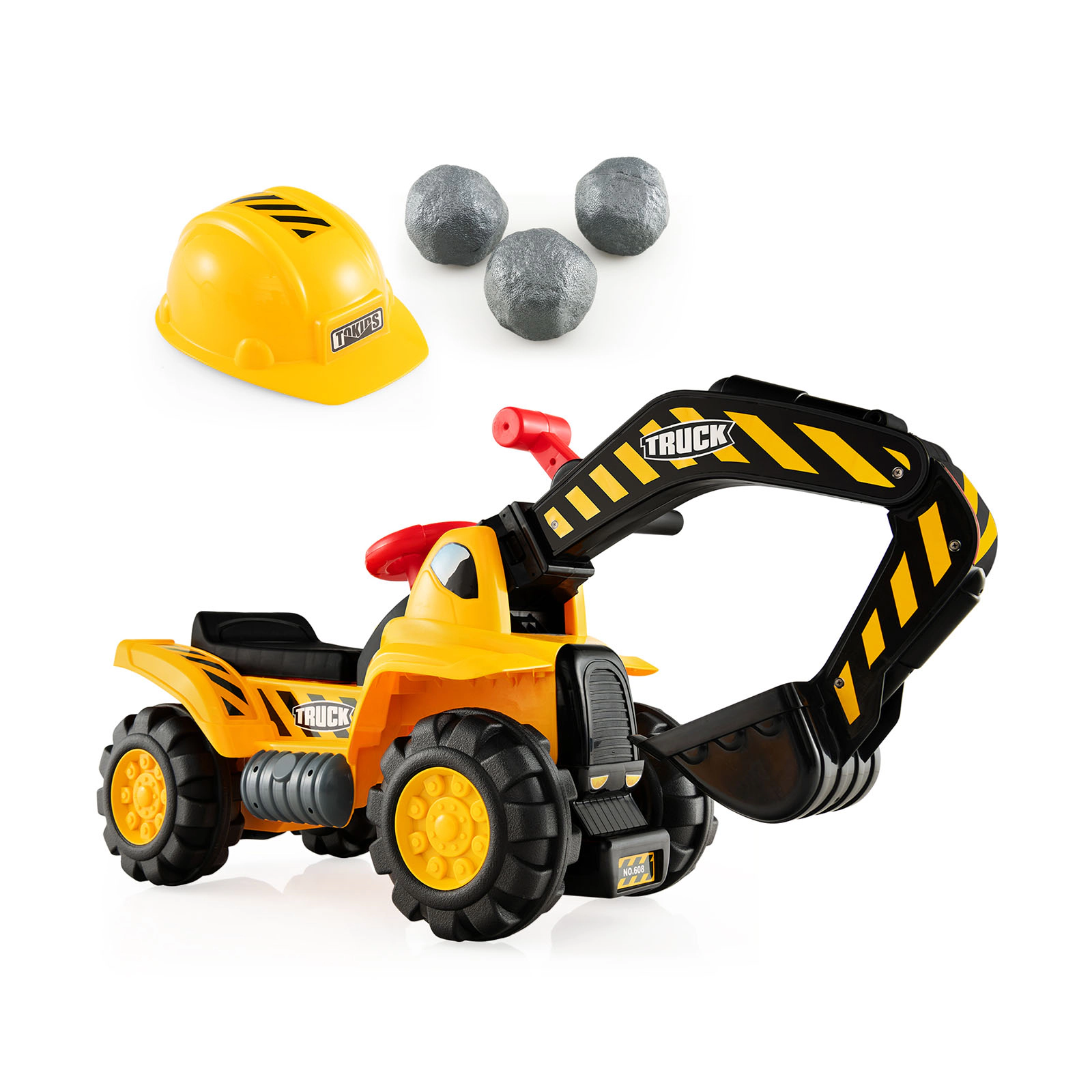 SUGIFT Ride On Push Car Bulldozer Digger Toy with Working Shovel Safety Helmet Ages 3 Years and Up Yellow