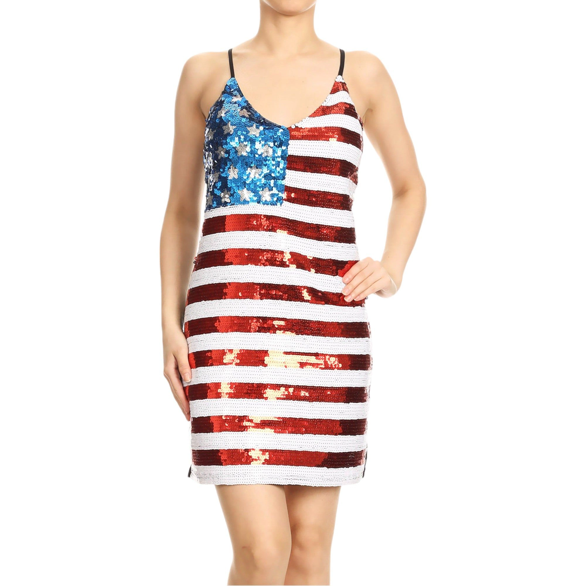 Anna-Kaci Women's Spaghetti Strap USA American Flag Patriotic Sequin Dress