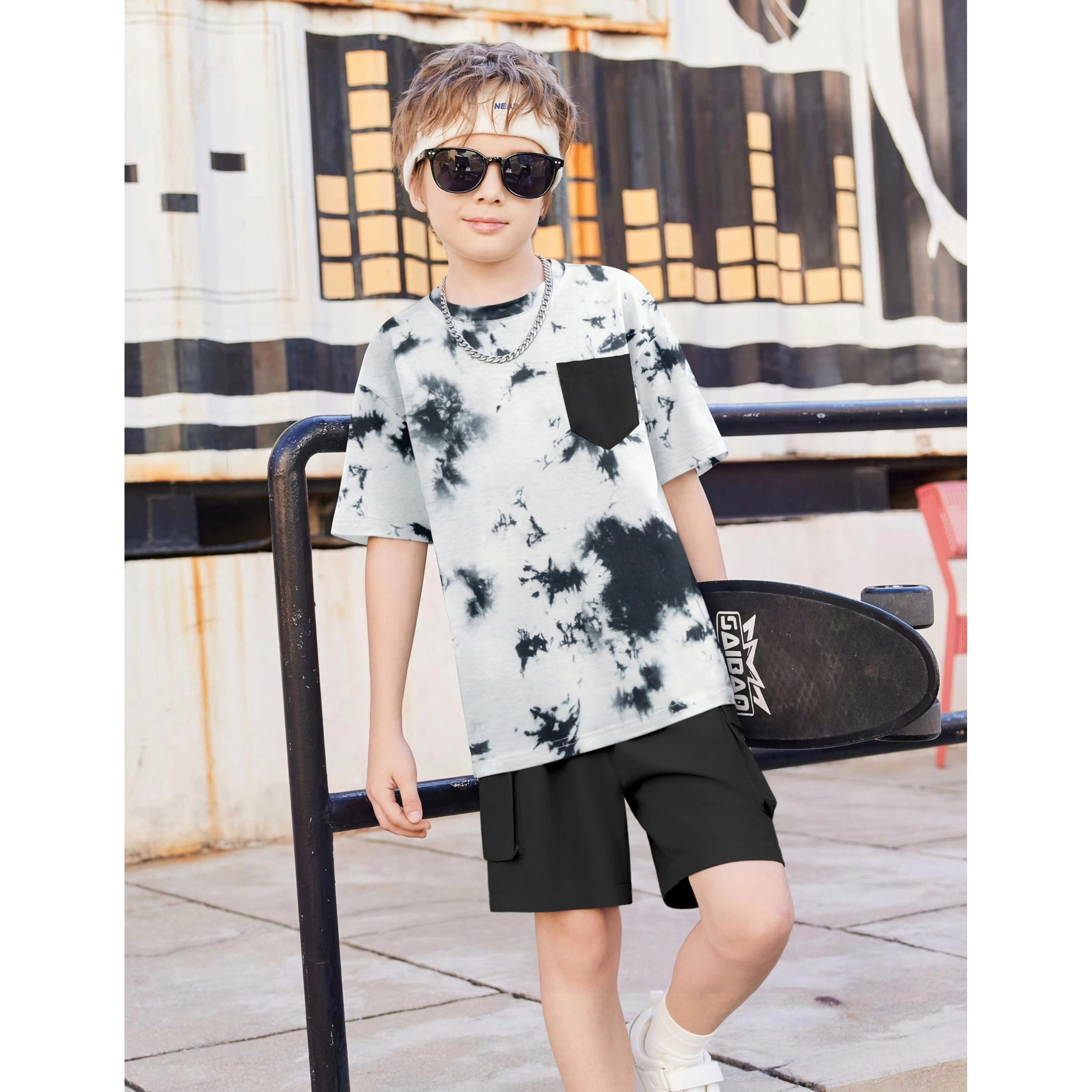 Arshiner Boys Tiedye Set Short Sleeve T-Shirt Cargo Shorts Fun Summer Style For Kids