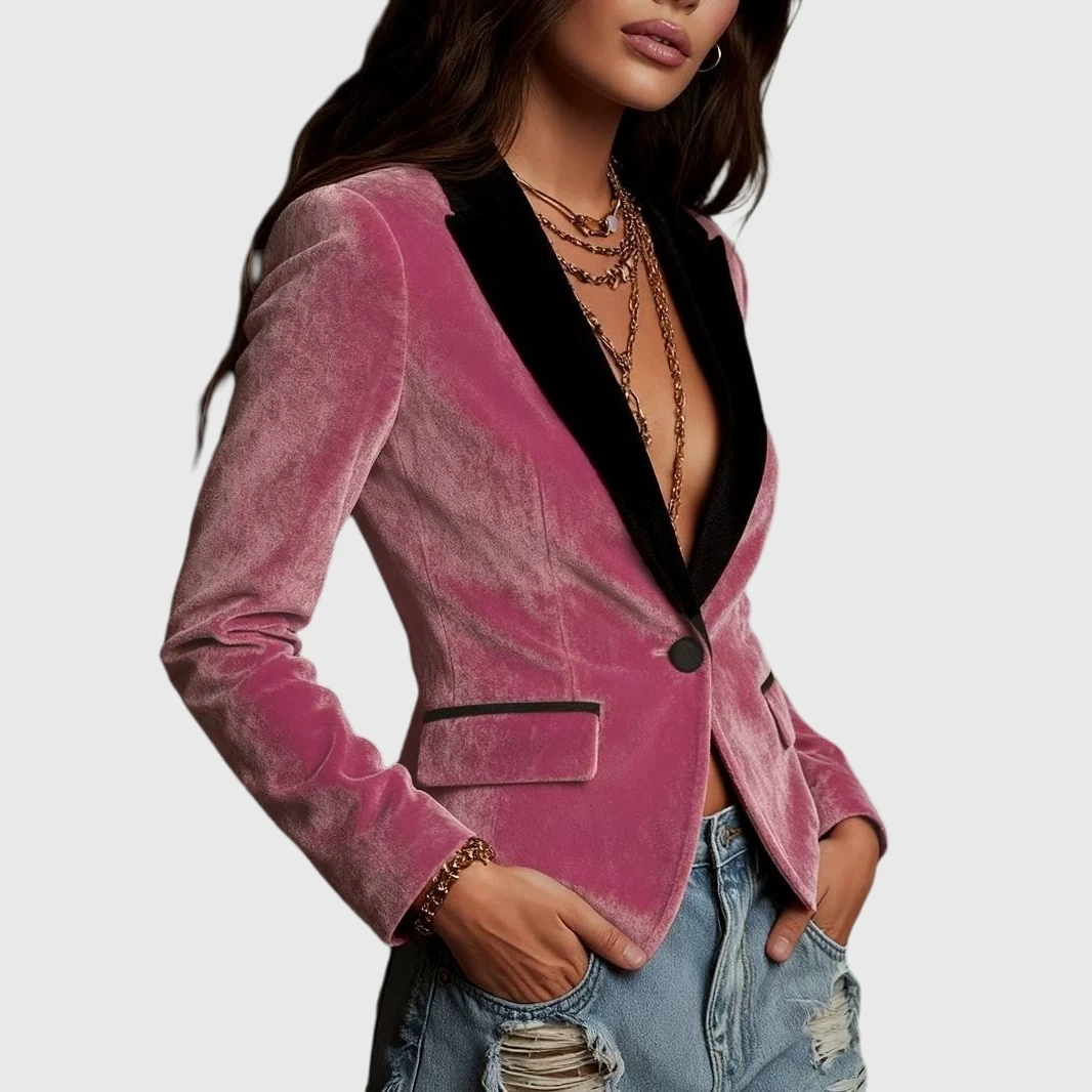 YesFashion Women's Contrast Lapel Velvet Blazer Single Breasted Fitted Suit Jacket