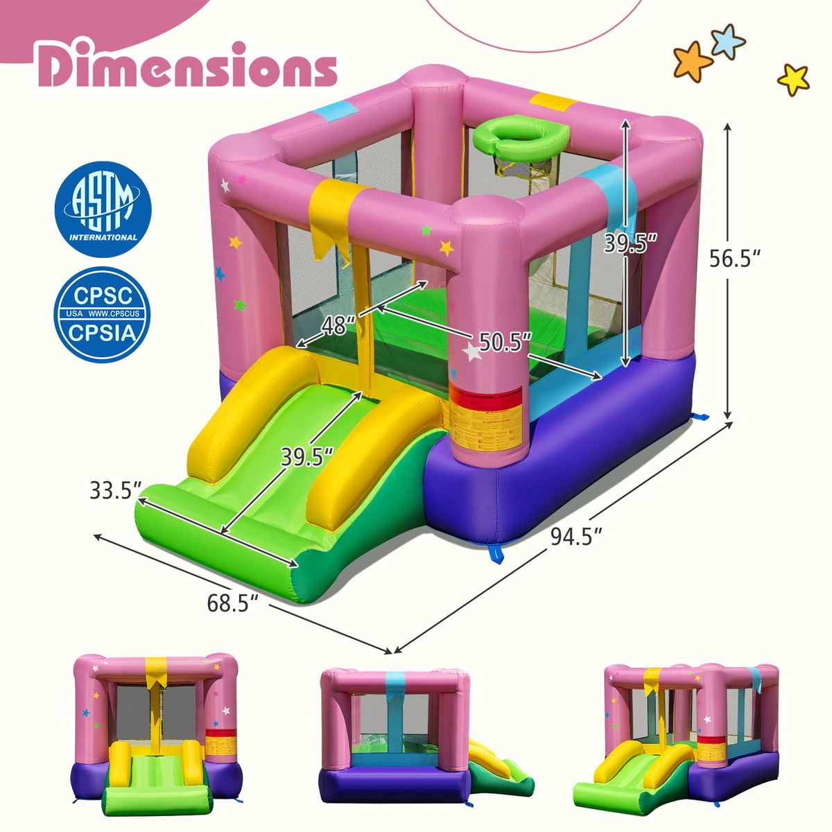 SUGIFT Kids Multicolor Bouncy Castle with Slide Basketball Hoop and 520W Blower 94.5-in W 200-lb Total Capacity