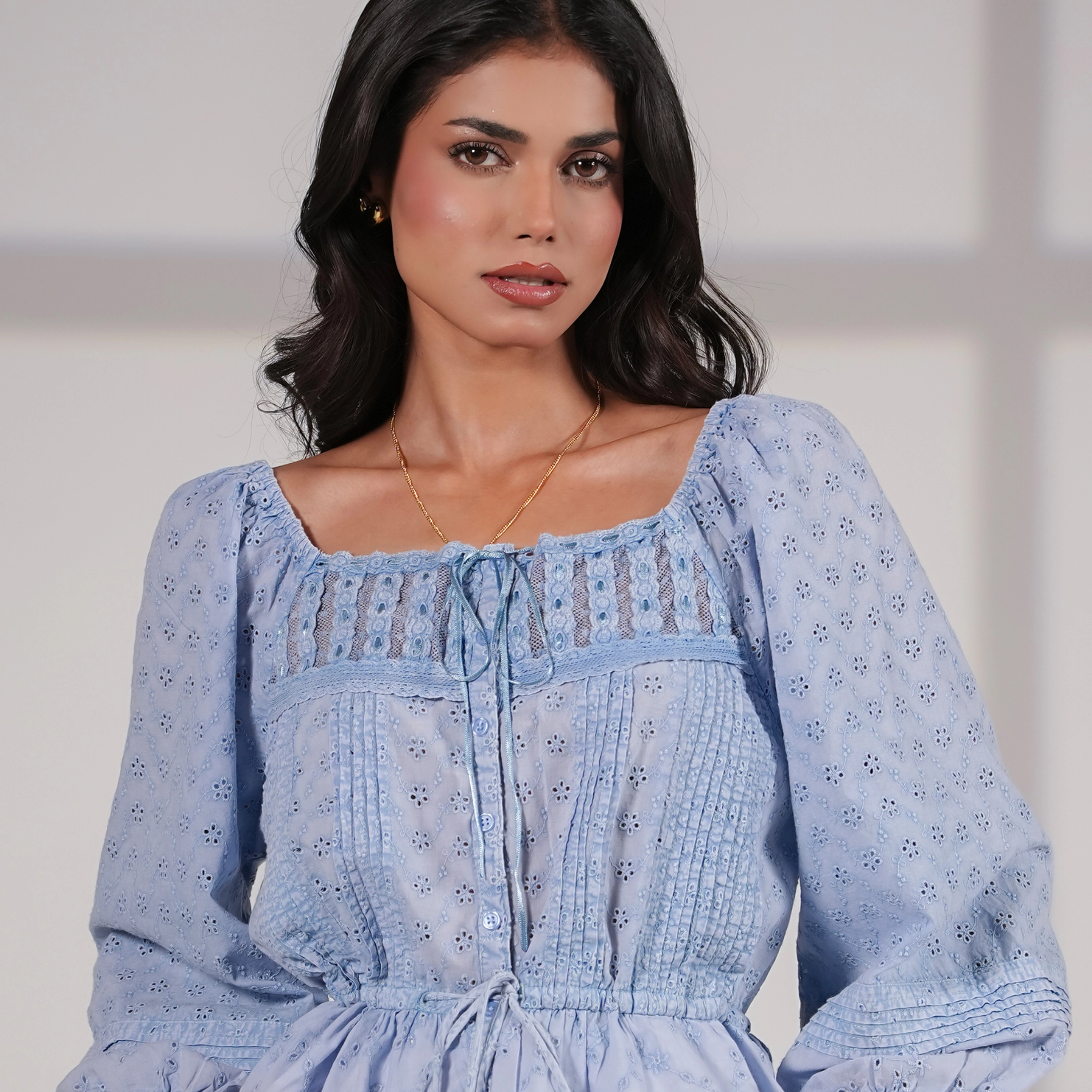 Rose & Nancy Women's Dee Blue Washed Embroidery Cotton Top