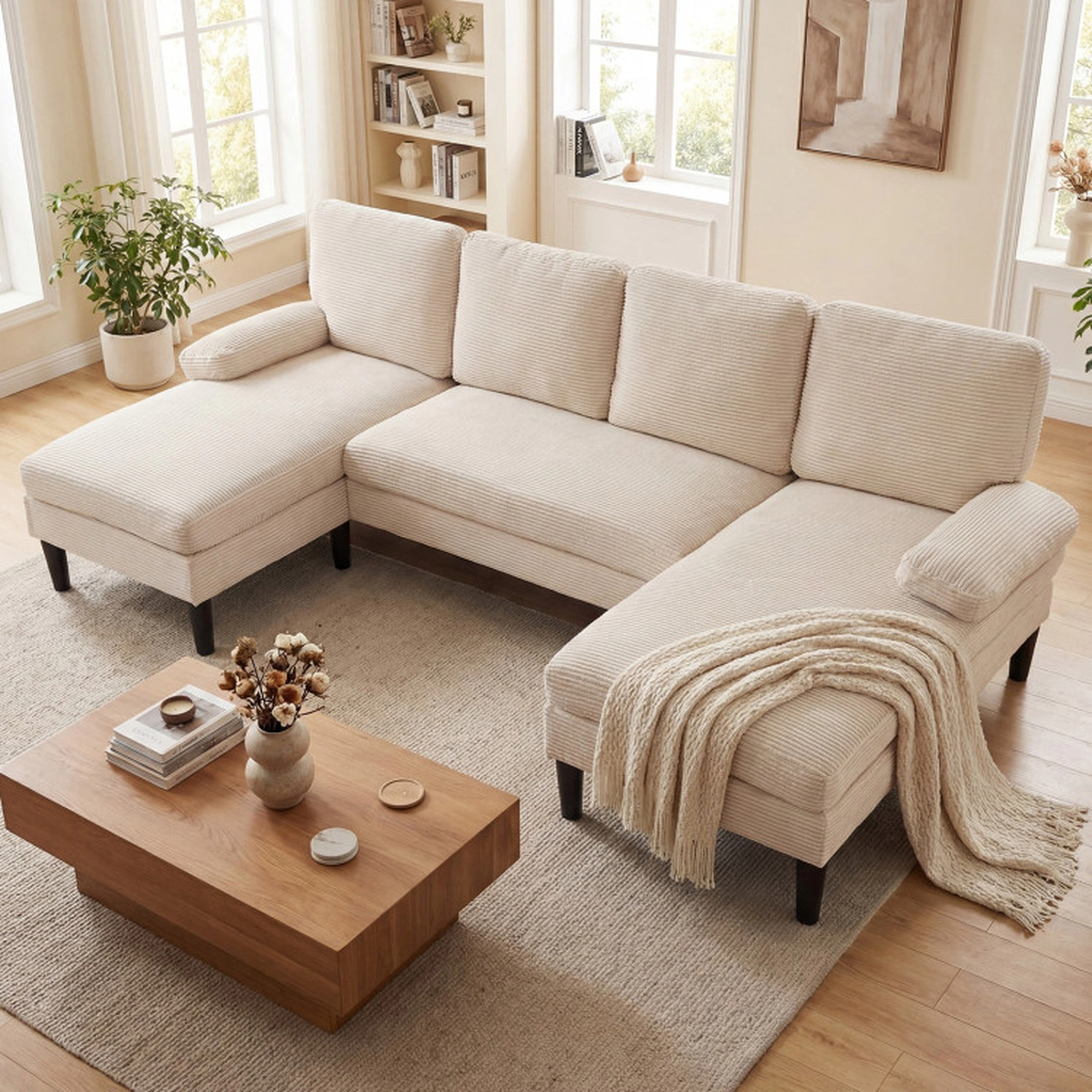 SUGIFT 101.5-Inch Beige U-Shaped Sectional Sofa with Double Chaise and Pocket Springs
