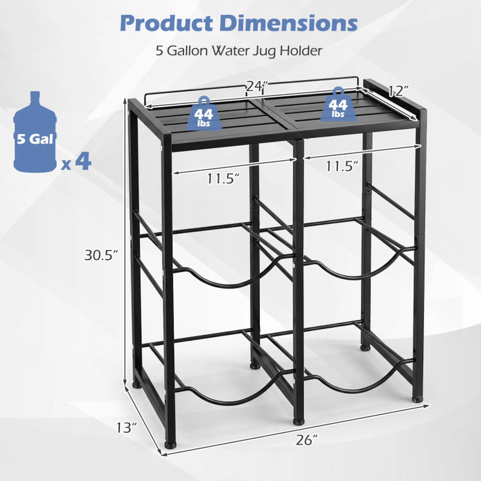 SUGIFT Space-Saving 4-Bottle 5 Gallon Water Jug Holder Metal Shelf Rack 44-lb Top Shelf Capacity 26-in Frame Black