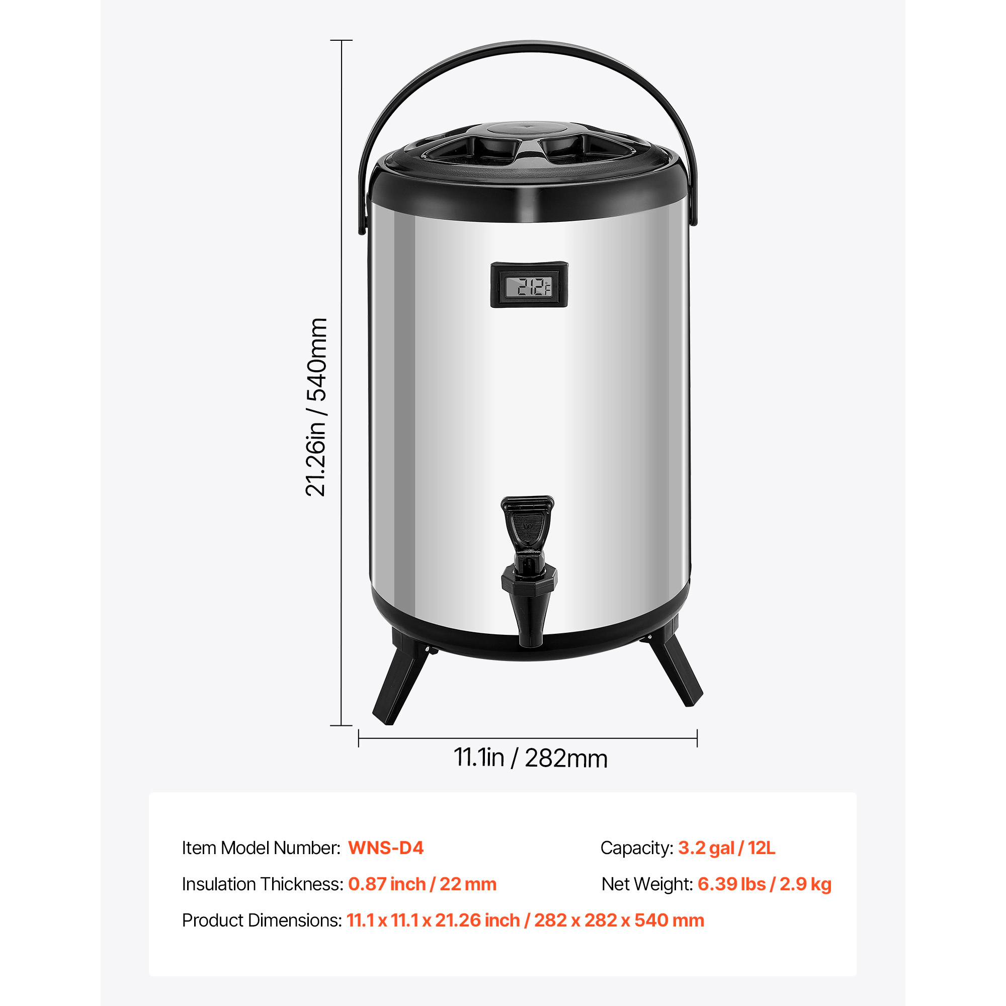 HONGGE Insulated Beverage Dispenser / Stainless Steel Thermal Drink Server with Spigot & Temp Display Suitable for Hot