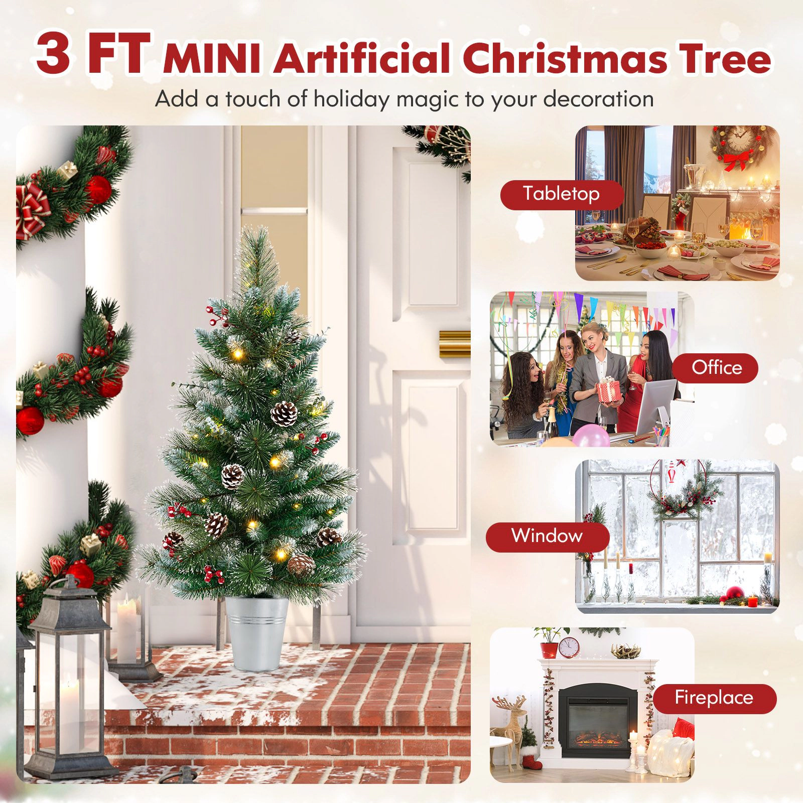 SlickBlue 3FT Pre-Lit Christmas Tree with LED Lights & Pine Cones