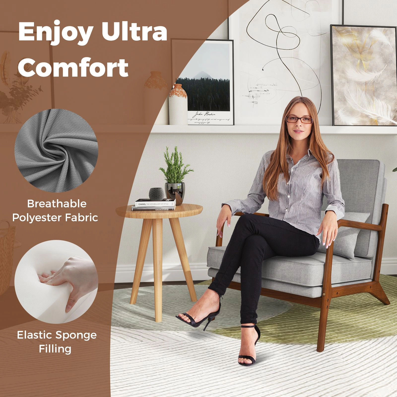 SlickBlue Modern Armchair with 5" Cushion, Lumbar Pillow & Wood Frame