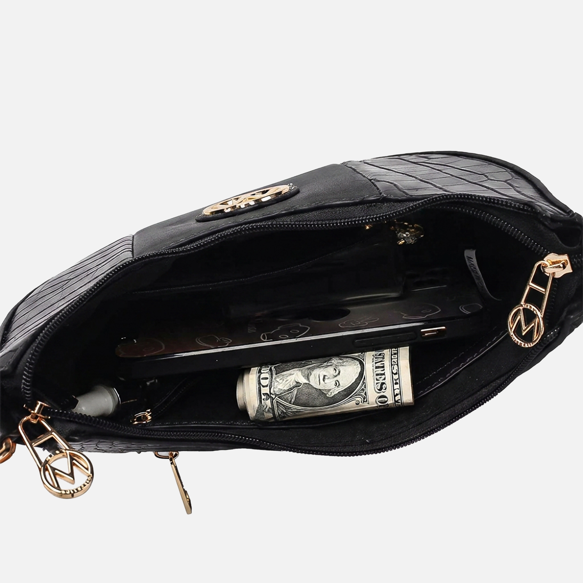 Mia K Collection Amira Crescent Vegan Leather Shoulder Bag - Croc-Embossed Half-Moon with Chain Strap