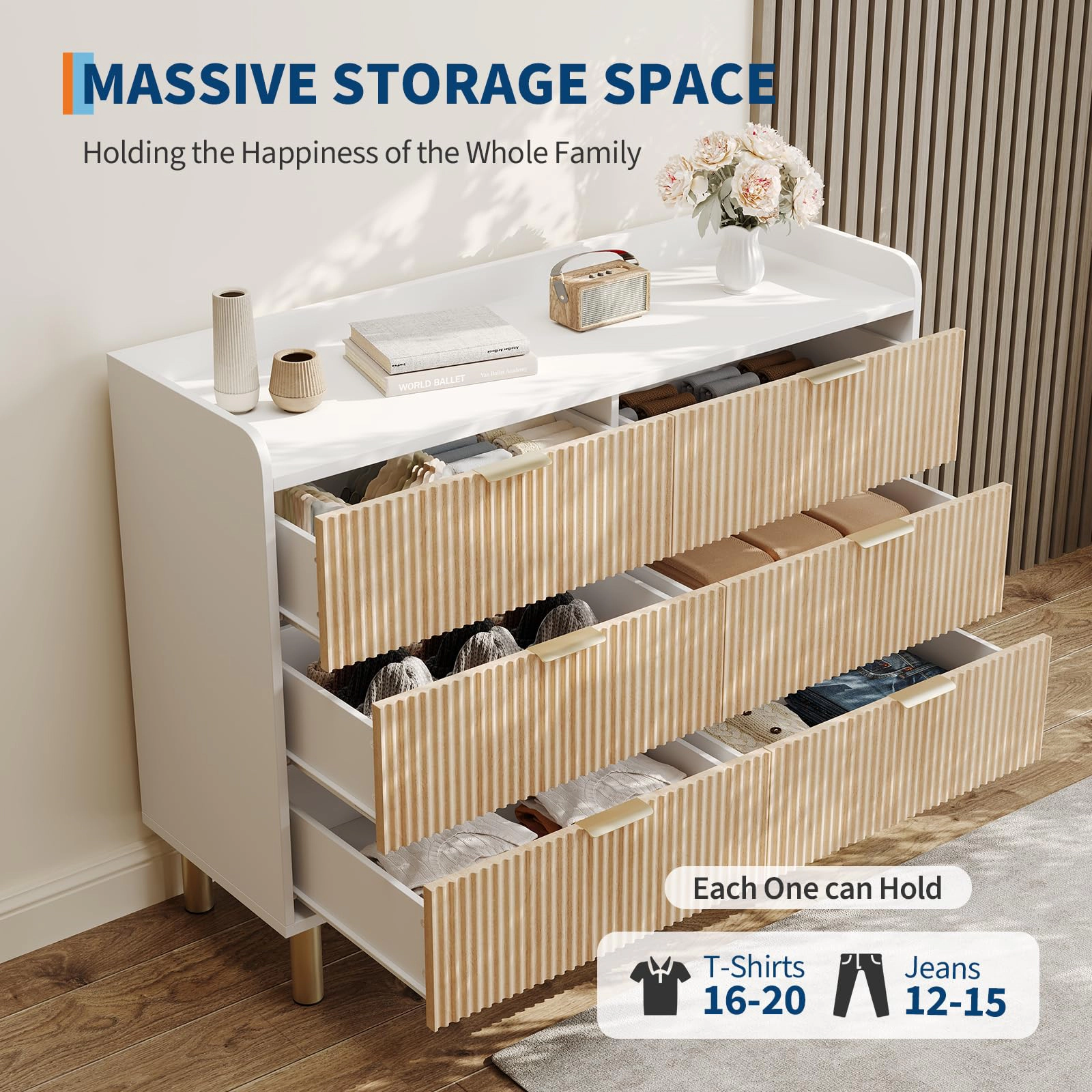 6 Drawer Fluted Wood Dresser, 47.2" Wide Storage Cabinet with Metal Handles for Bedroom