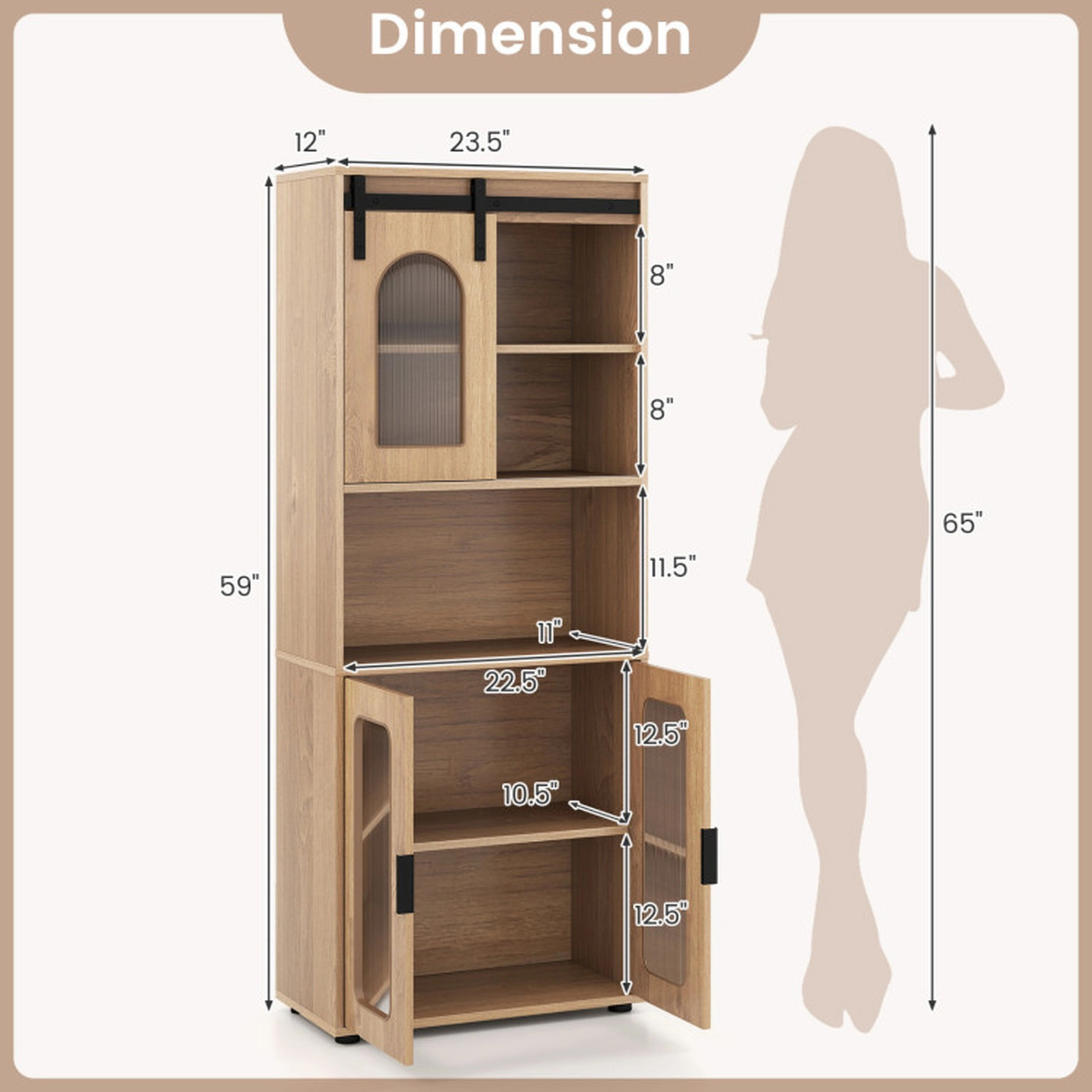 SUGIFT Sliding Barn Door Open Compartment Tall Bathroom Floor Cabinet 23.5-in x 12-in x 59-in 44-lb per Shelf Natural
