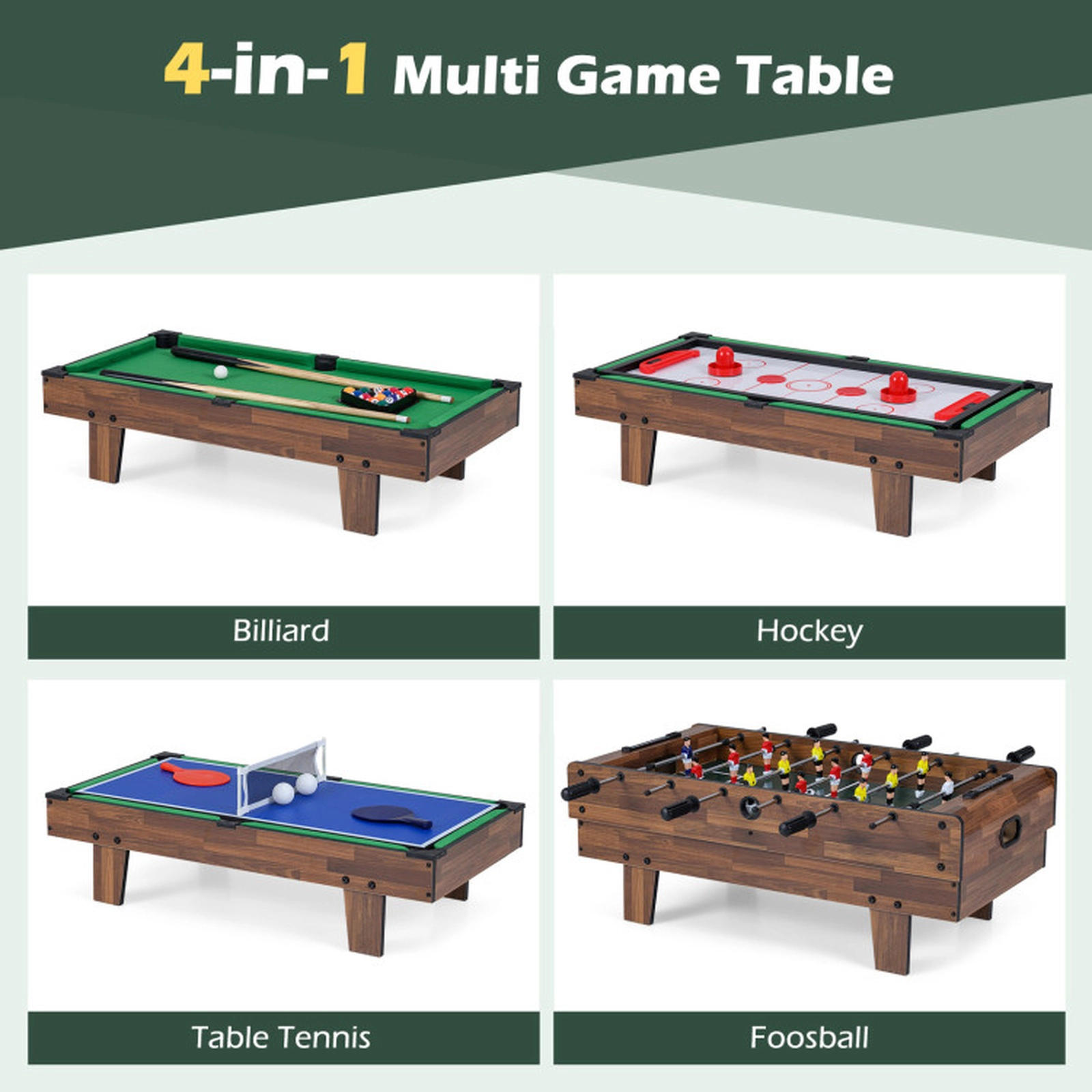 SUGIFT Natural 4-in-1 Tabletop Combo Game Set with Billiards Foosball and Hockey 32-in W 17-in D 12-in H