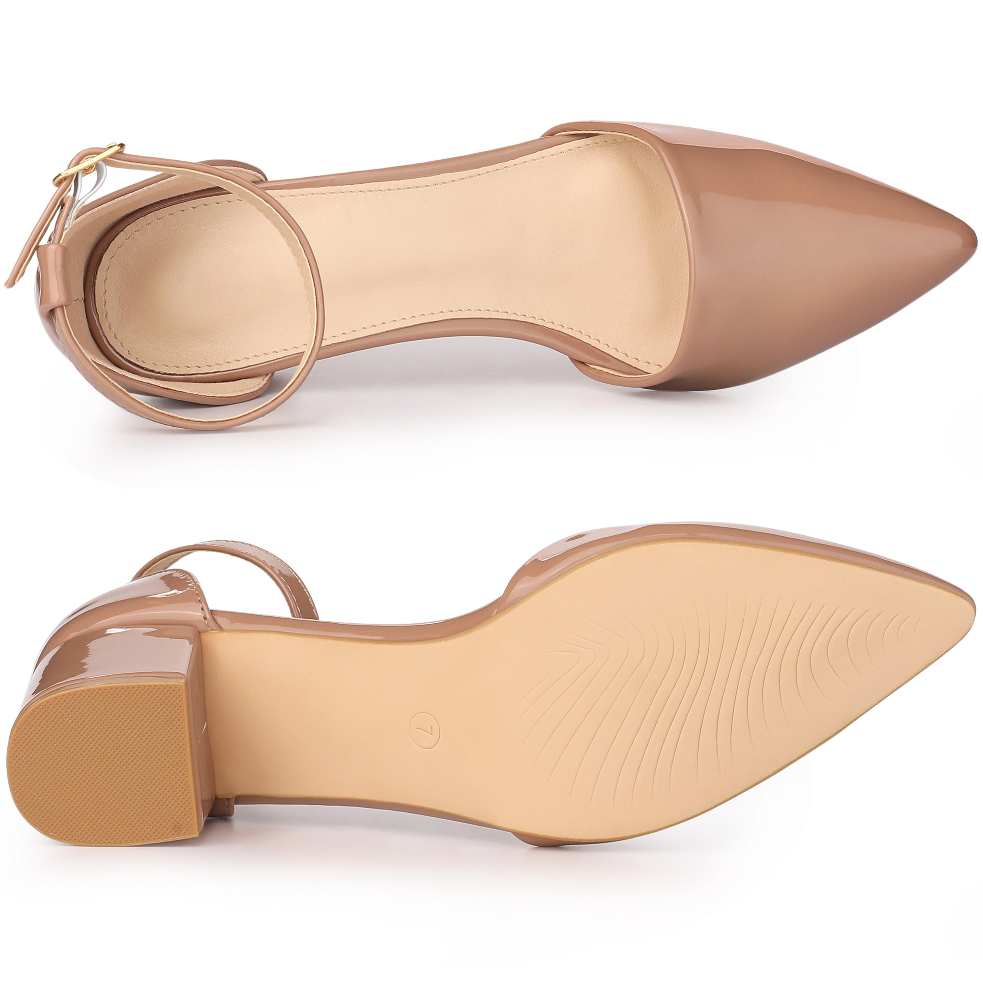 BLISSFUL STEP Women Faux Leather Pointed Closed Toe Low Chunky Heels Pumps