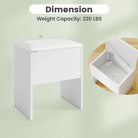 Glintex Flip-Top Vanity Stool with Hidden Storage Cube and Non-Slip Pads, White