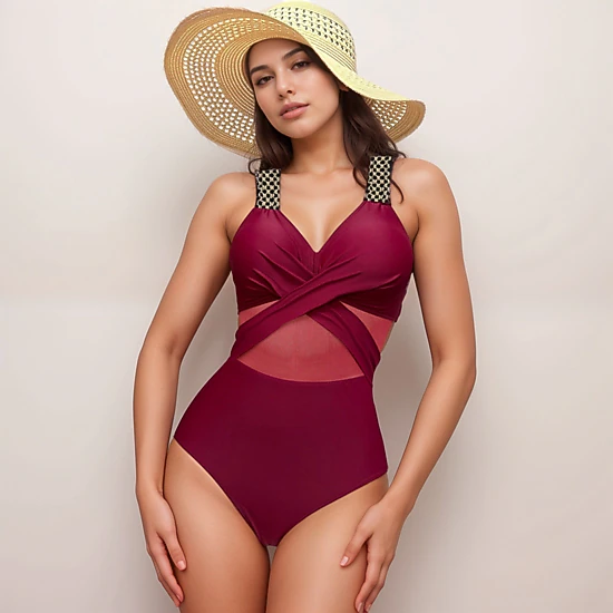 Anna-Kaci Women's One-Piece Swimsuit with Mesh Midsection Crisscross Front and Braided Detail Straps