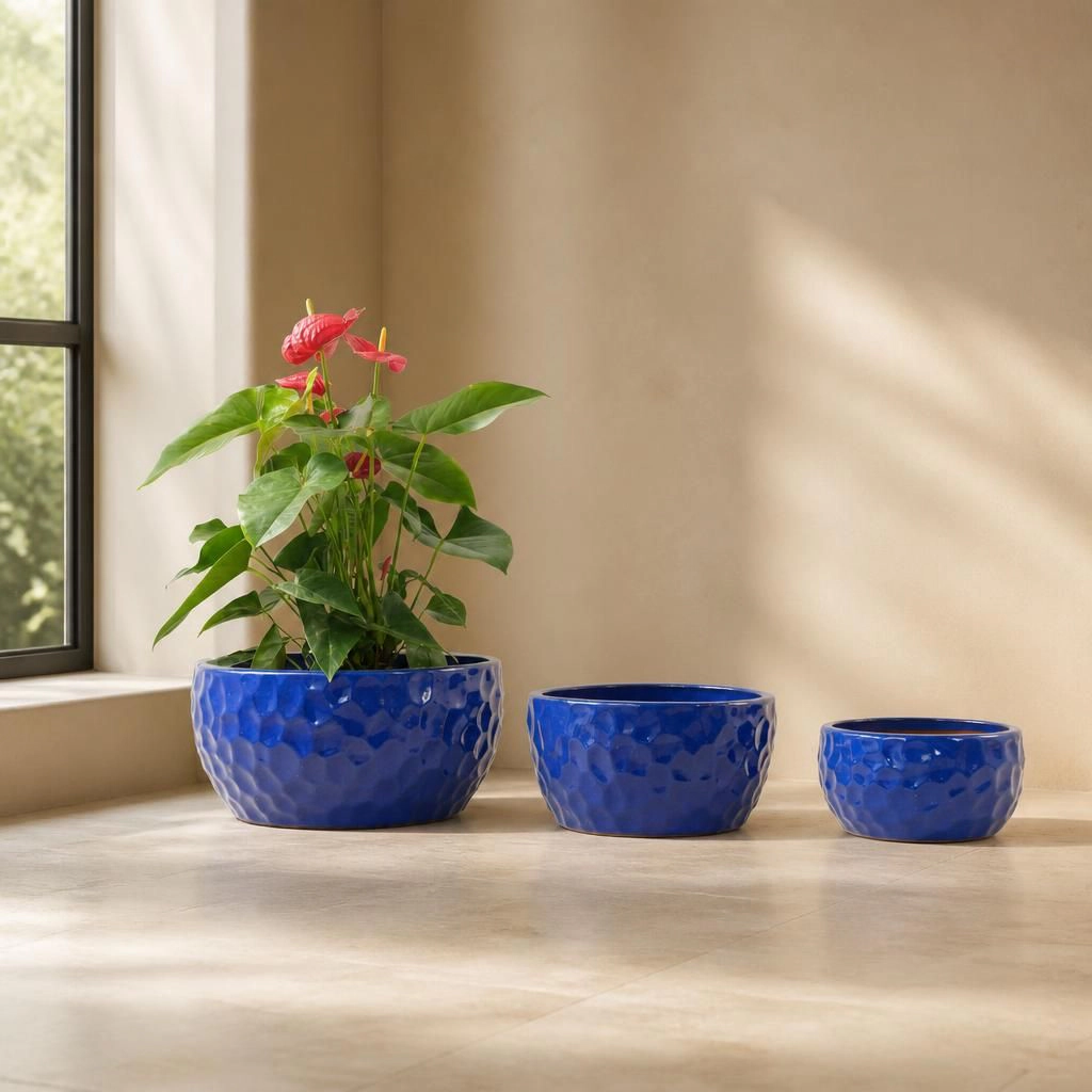 WOW PIONEER Round Solid Ceramic Planter Pot for Flowers Herbs Succulents Small Veg Garden Patio Balcony Indoor