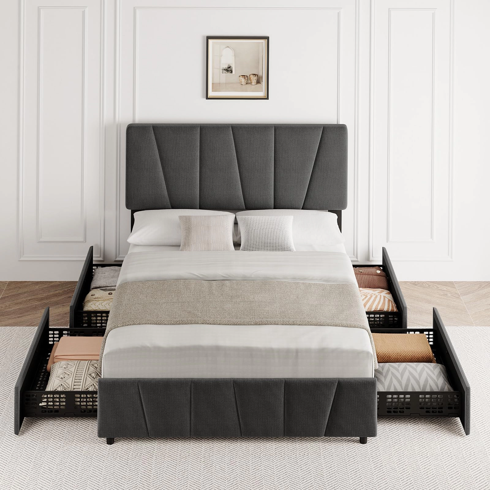 BebreezChic Upholstered Full Platform Bed Frame with 4 Drawers