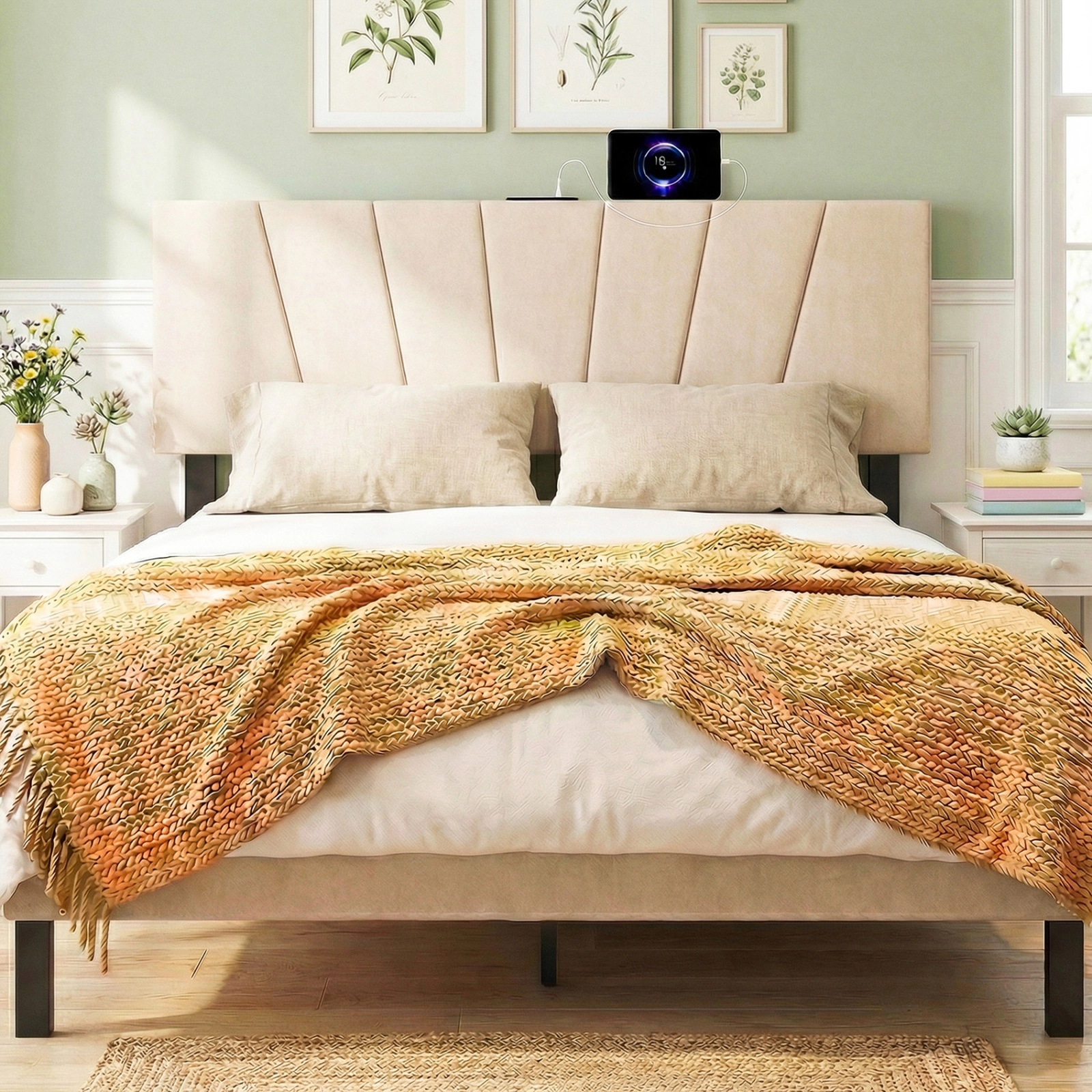 SUGIFT Beige Upholstered Headboard, Full/Queen, Charging Station