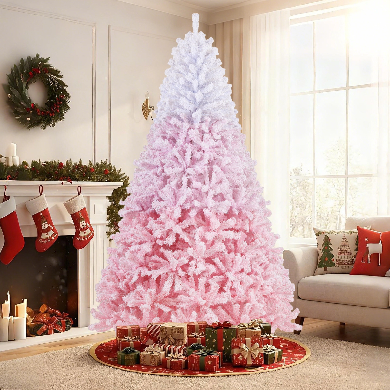 SUGIFT Flocked Gradient Pre-Lit Artificial Christmas Tree Warm White LED Lights & 8 Modes 8 Feet White to Pink/White