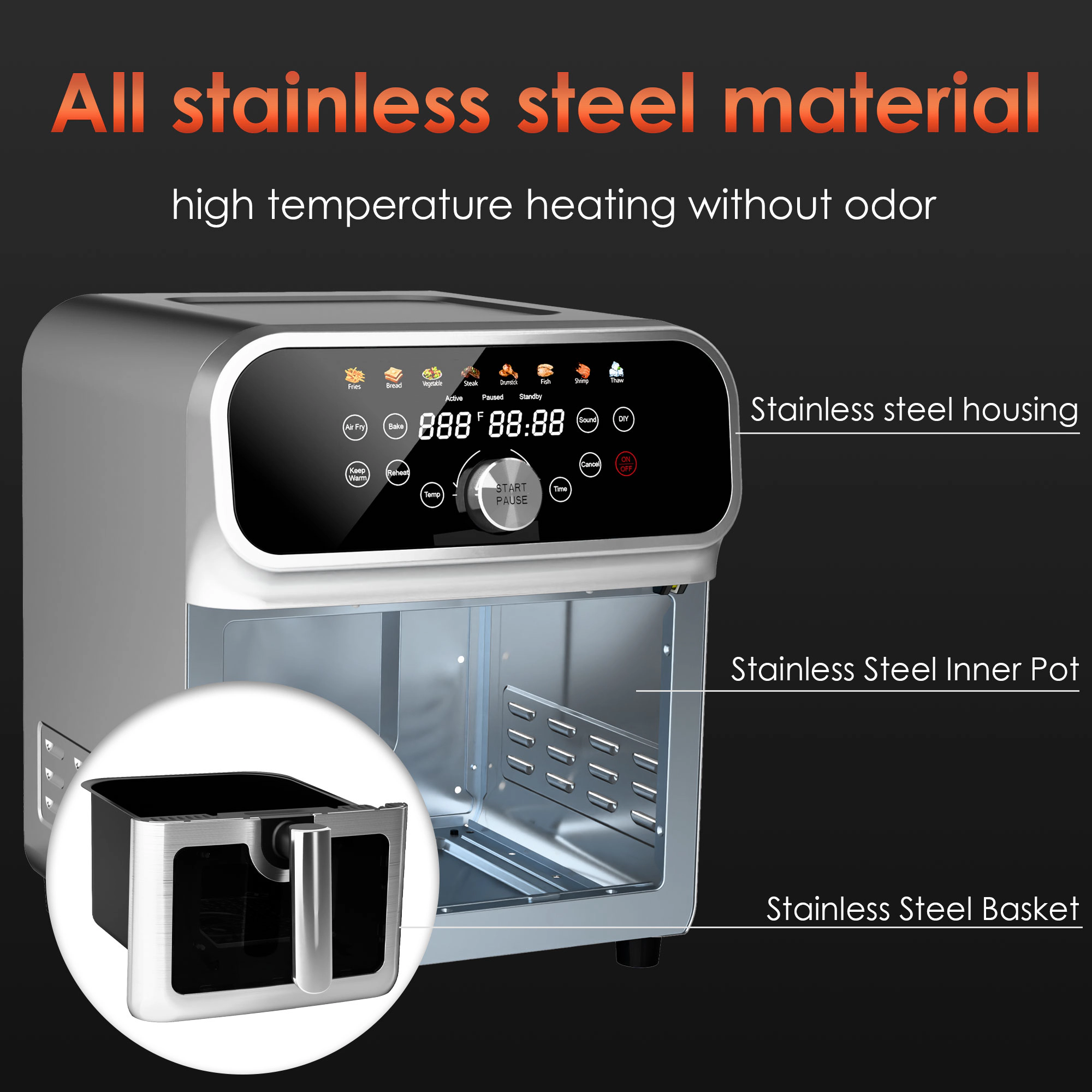 WHALL - 6QT All-Stainless Air Fryer, 8-in-1 Hot Oven with Digital LED Touchscreen & Visible Window
