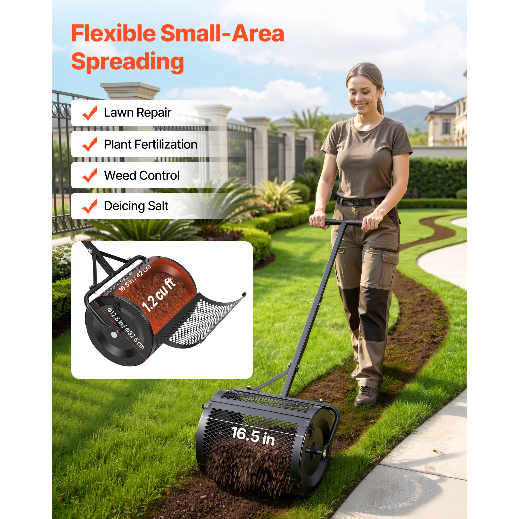 HONGGE Heavy Duty Compost Spreader Peat Moss Roller with Adjustable Handle Heights Powder-Coated Steel Garden Seeding