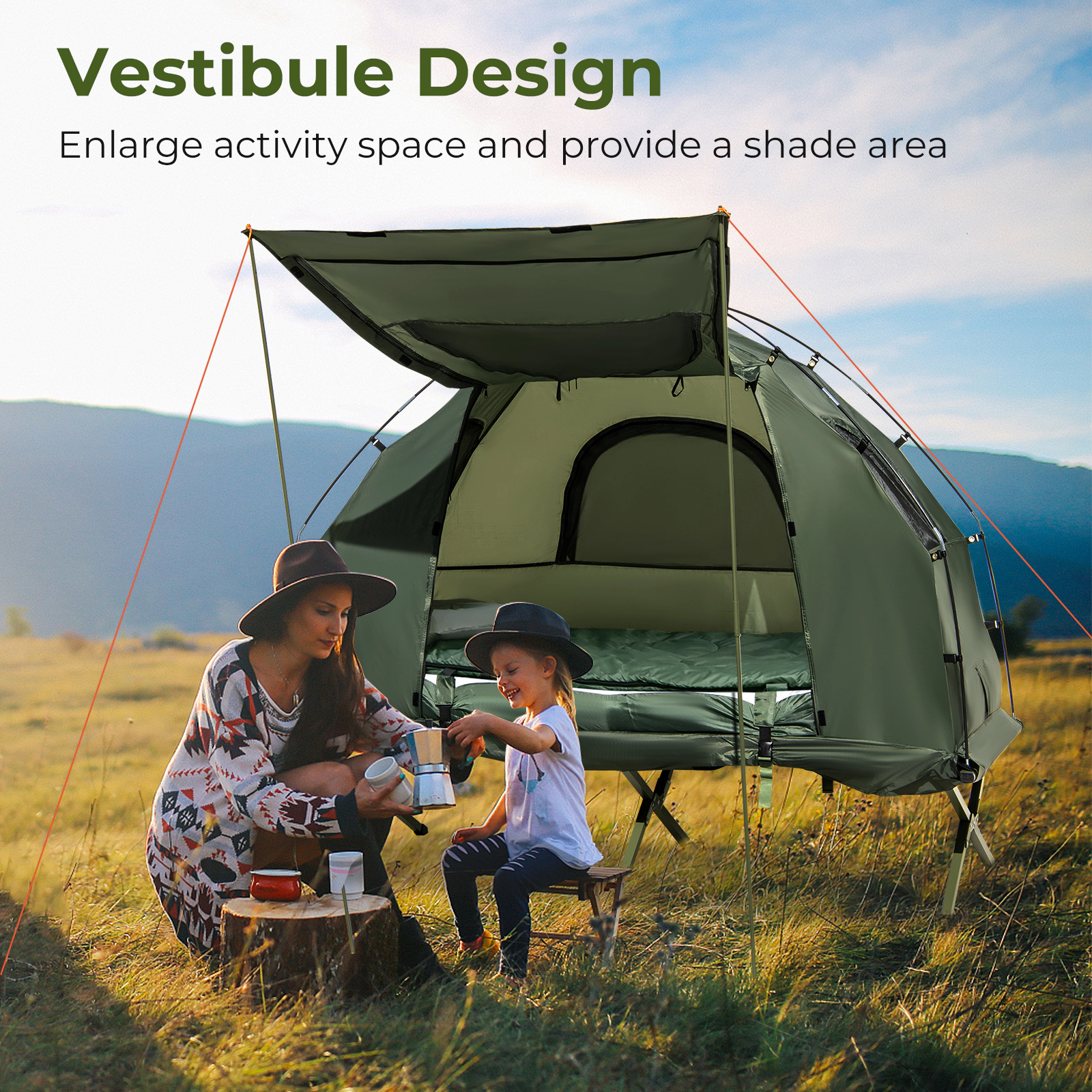 SUGIFT 1-Person Green Folding Camping Tent Cot with Air Mattress and Sunshade 77-in W 35-in D 300-lb Cot Capacity