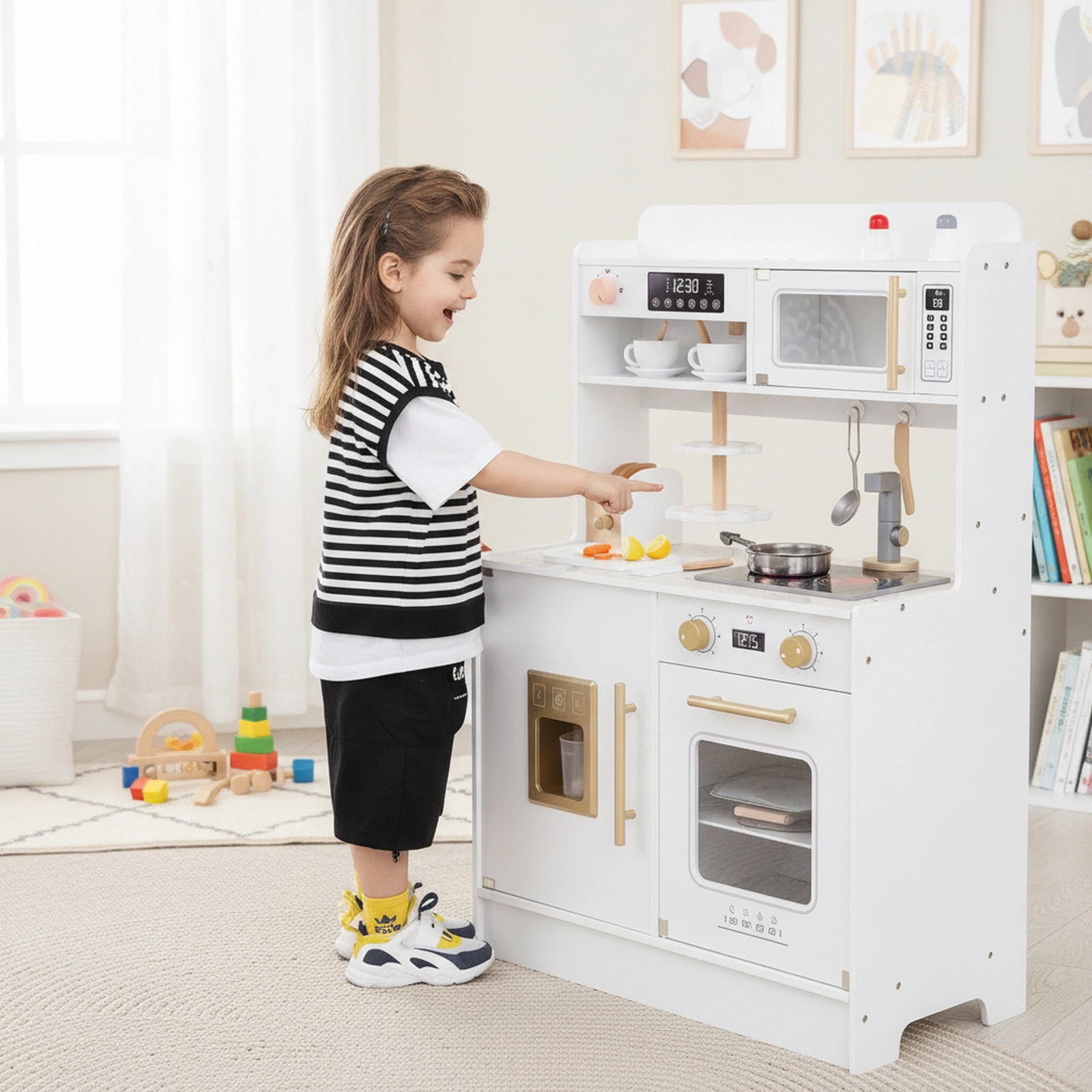 Kids Kitchen 2-Tier Dessert Rack Toaster Ice Dispenser Lights and Sounds 39.5-in Play Kitchen Playset Ages 3+ White